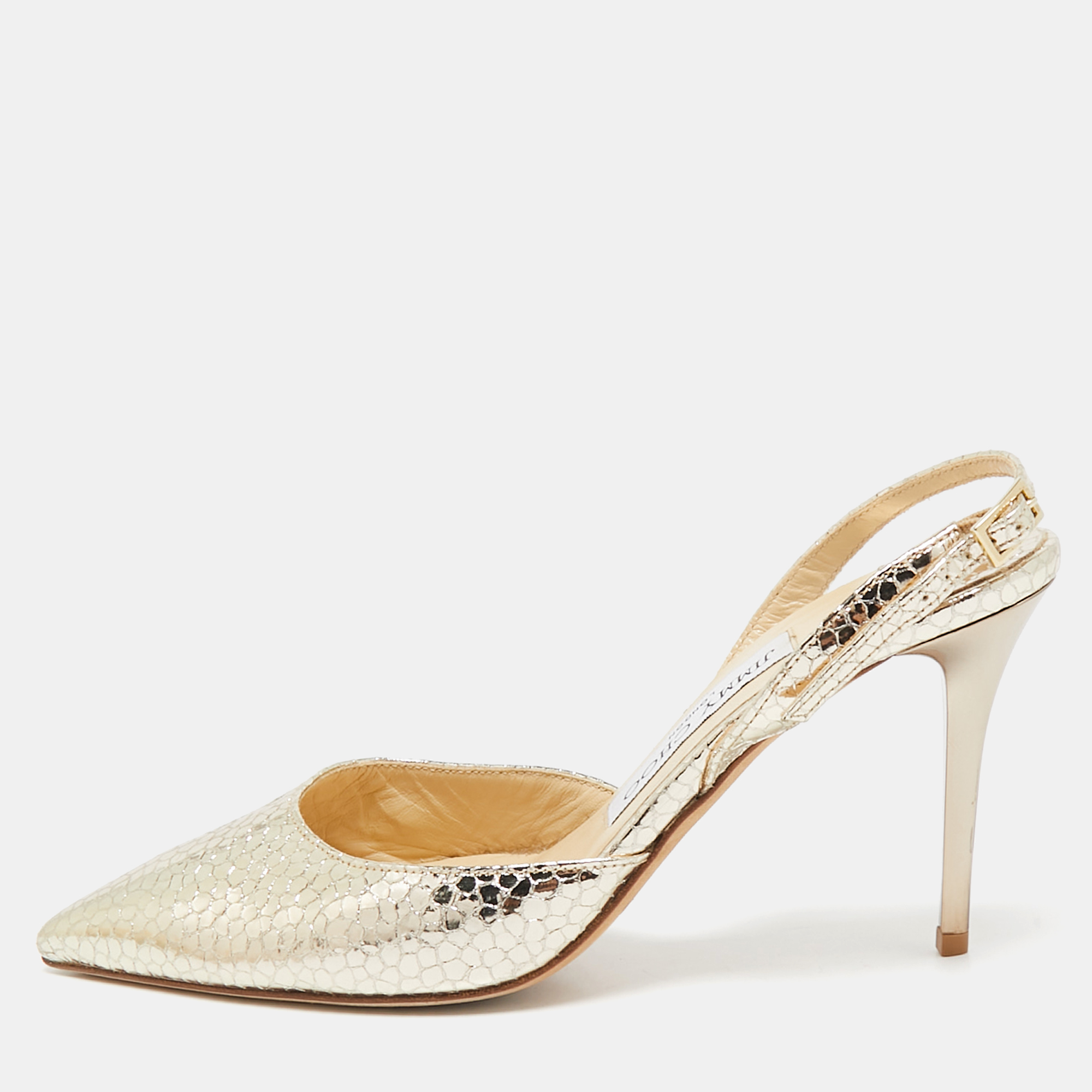 

Jimmy Choo Gold Texture Leather Pointed Toe Slingback Pumps Size