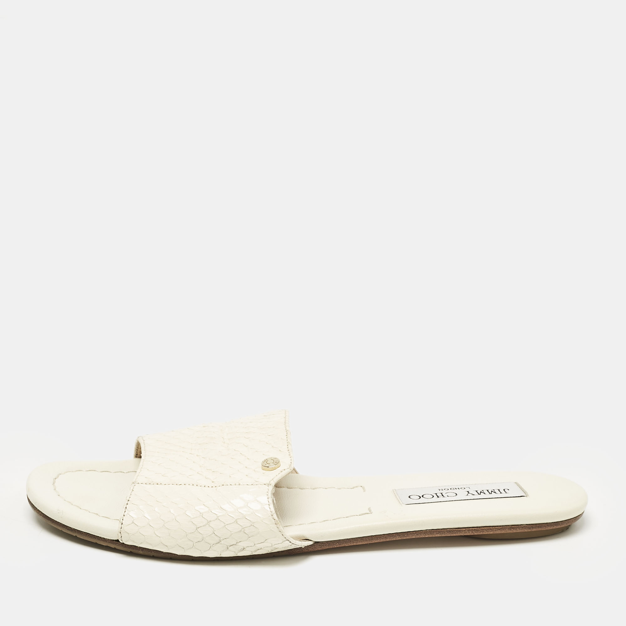 

Jimmy Choo White Elaphe Nanda Flat Slides Size