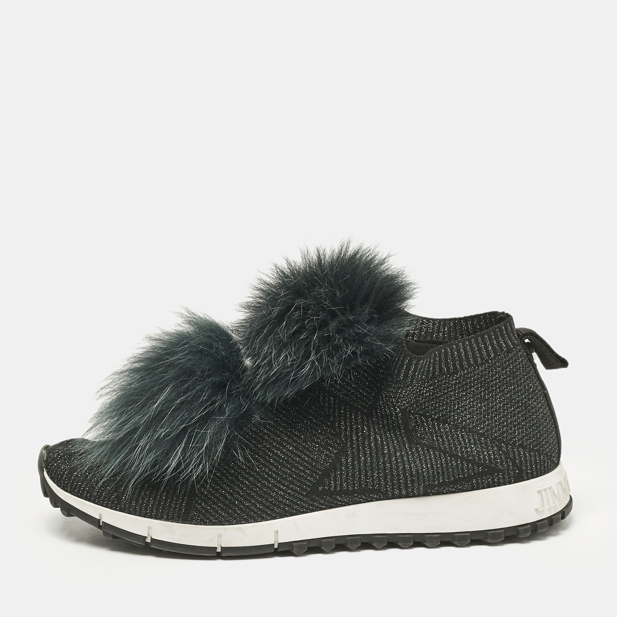 

Jimmy Choo Green Fur and Lurex Fabric Norway Pom Pom Sneakers Size