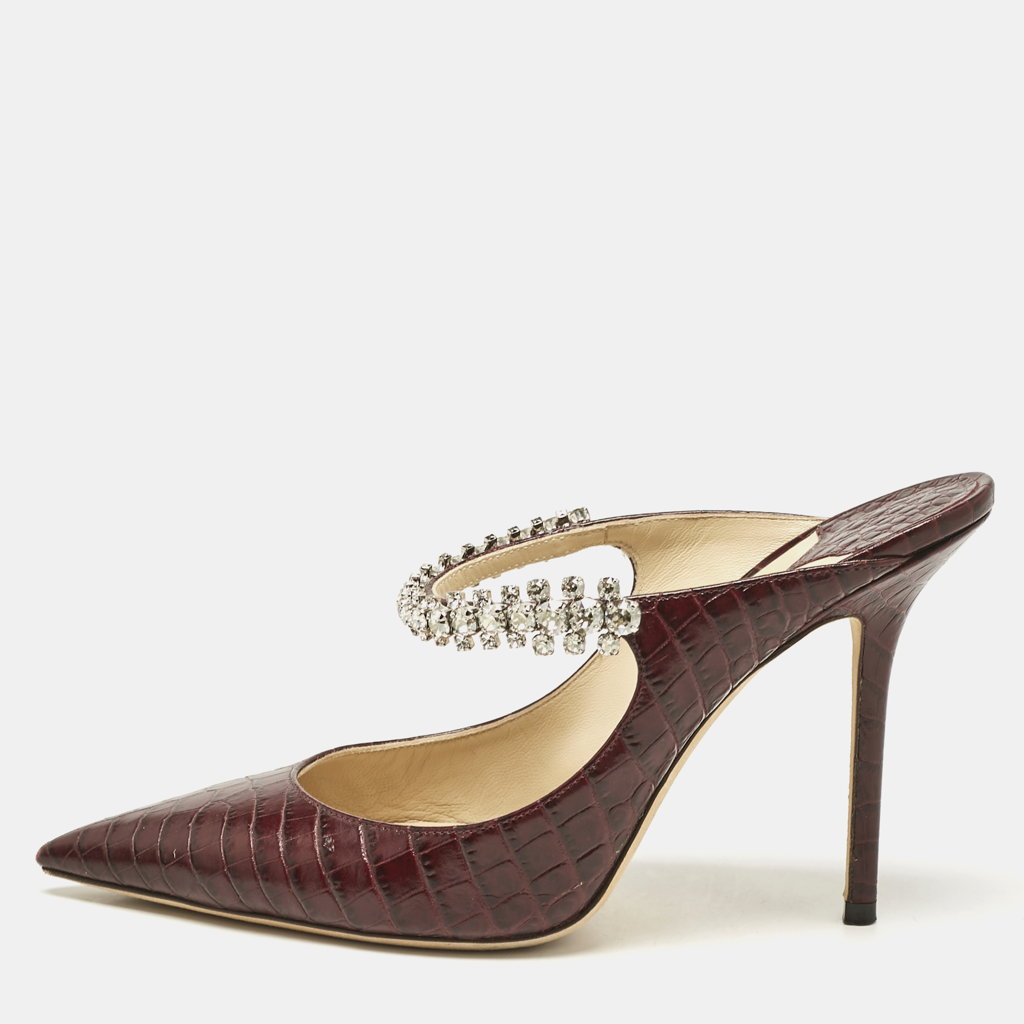 

Jimmy Choo Burgundy Croc Embossed Leather Bing 100 Mules Size