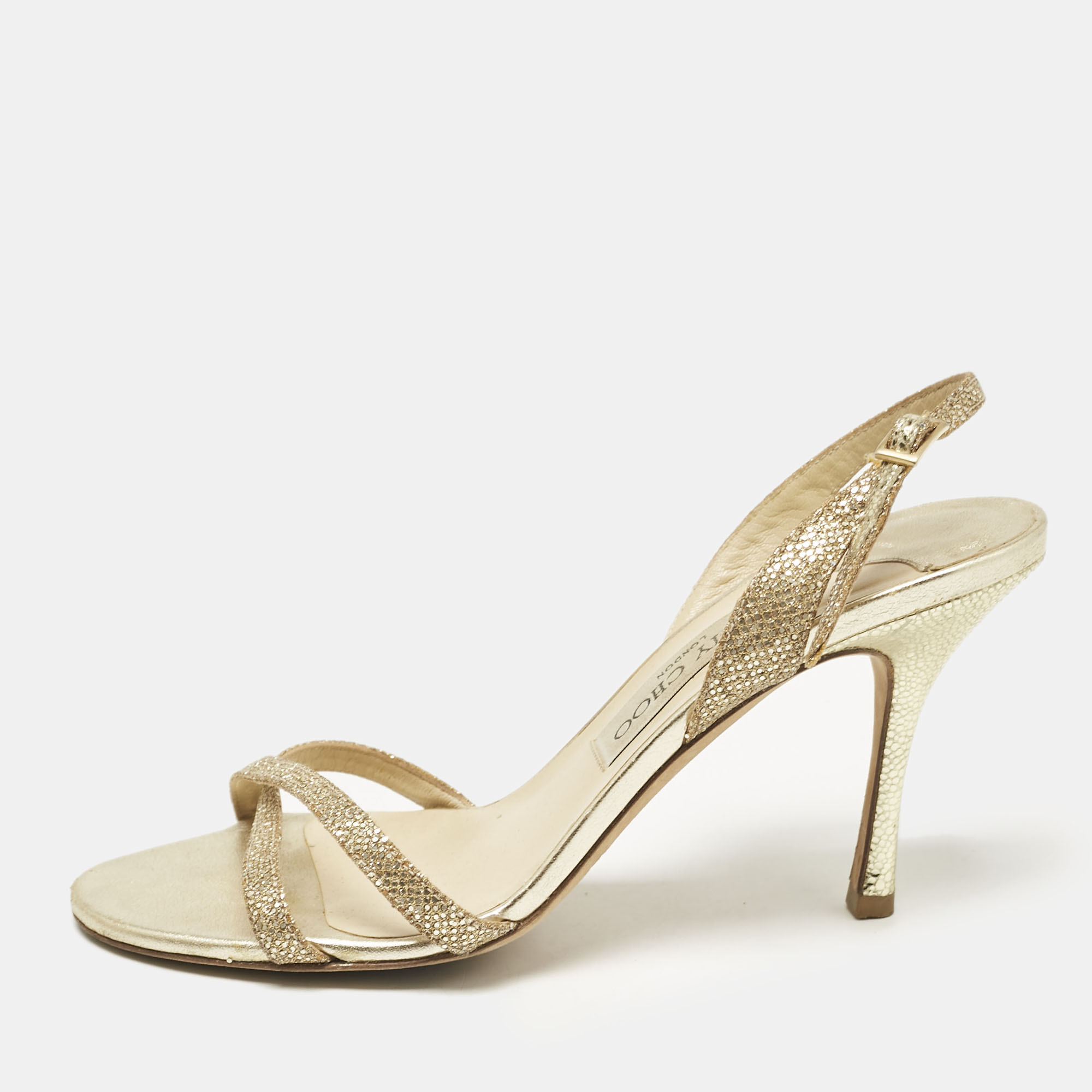 

Jimmy Choo Gold Leather and Glitter India Slingback Sandals Size