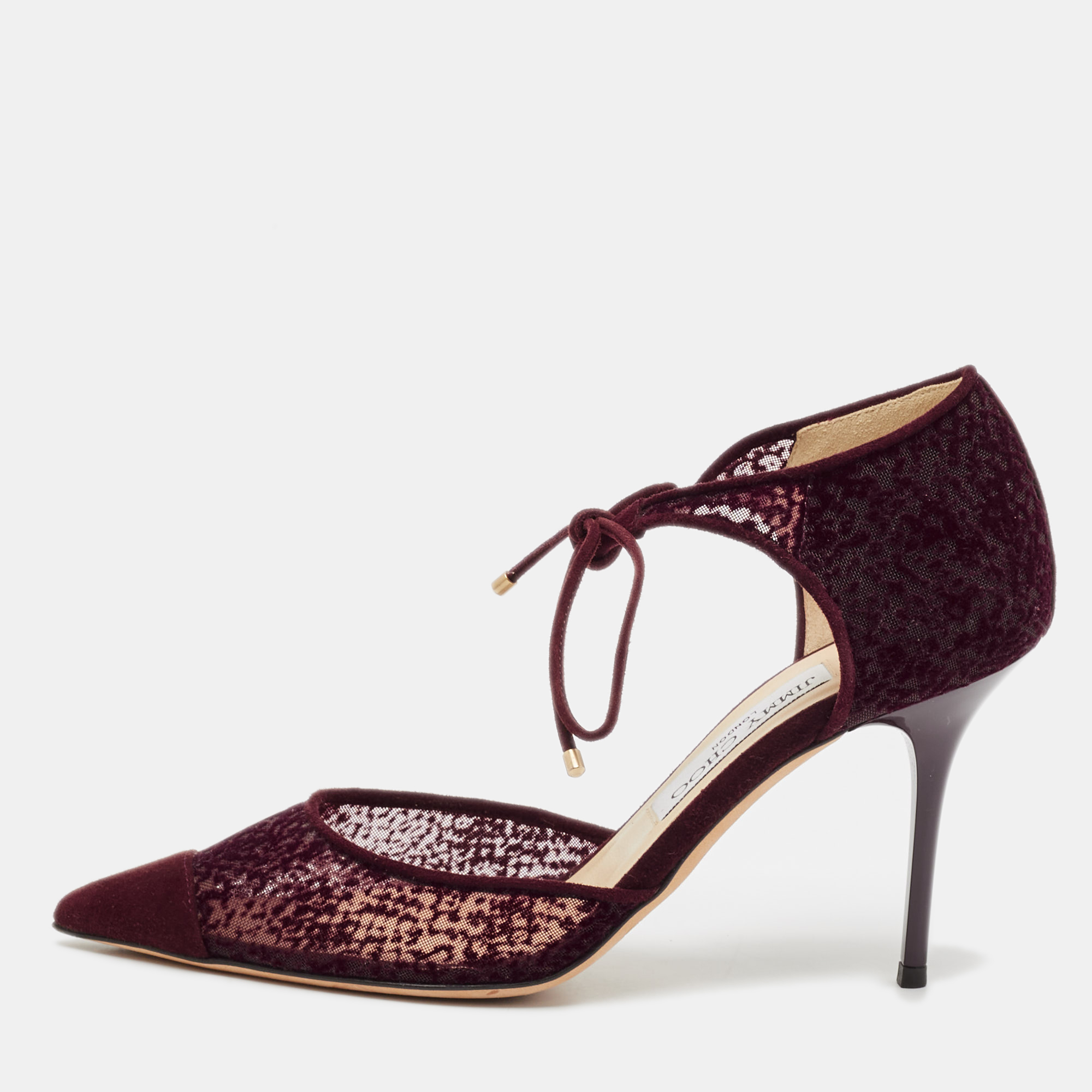 

Jimmy Choo Burgundy Velvet and Mesh Vince Ankle Tie Sandals Size