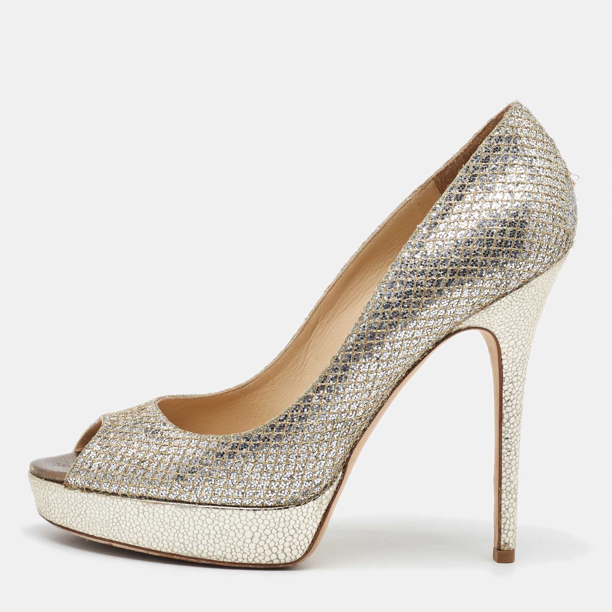 

Jimmy Choo Metallic Glitter Dahlia Peep Toe Platform Pumps Size