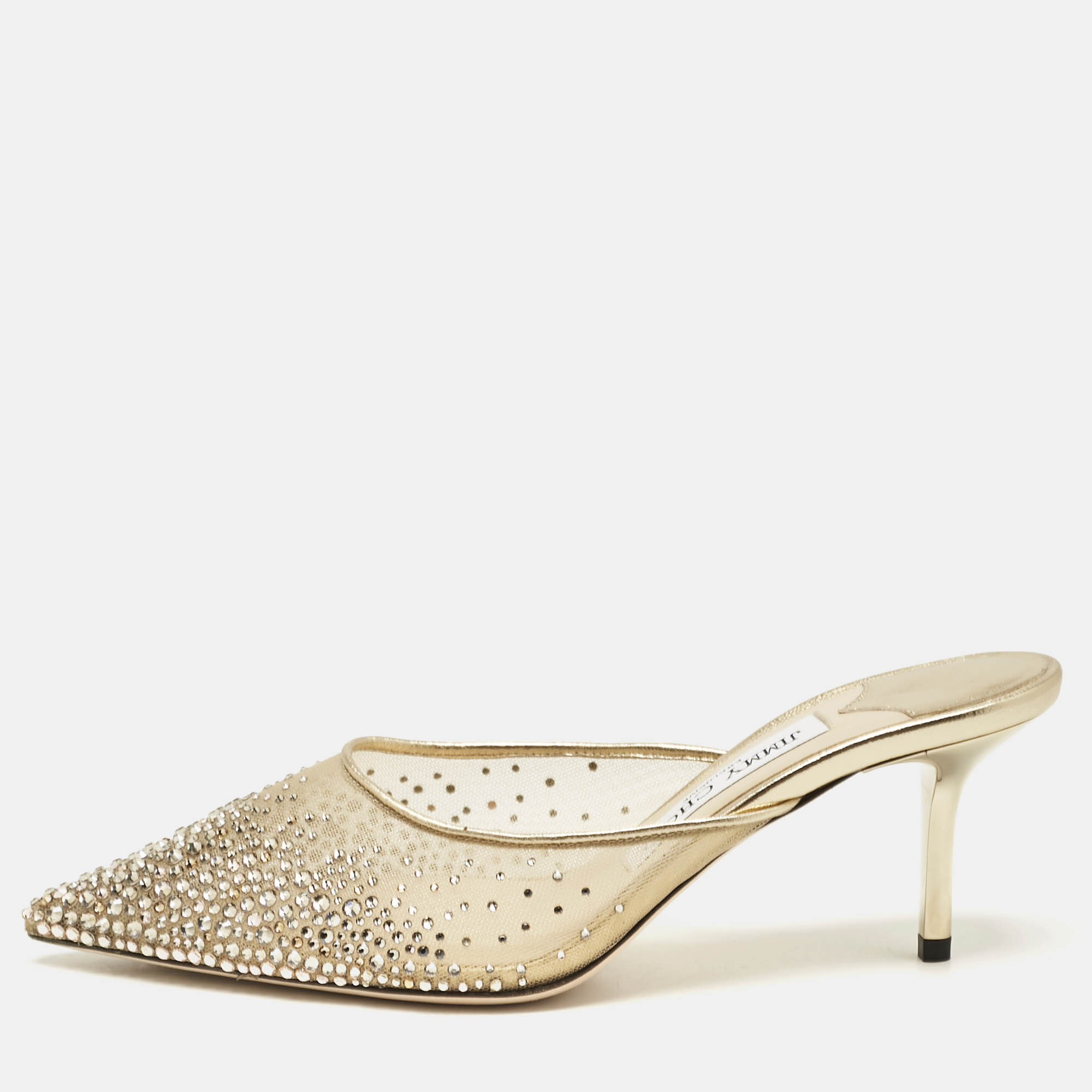 

Jimmy Choo Gold Mesh Crystal Embellished Rav Mules Size