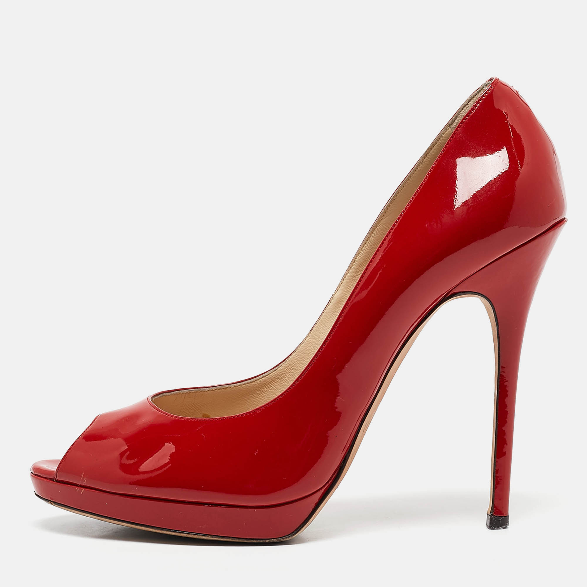 

Jimmy Choo Red Patent Leather Quiet Peep Toe Pumps Size