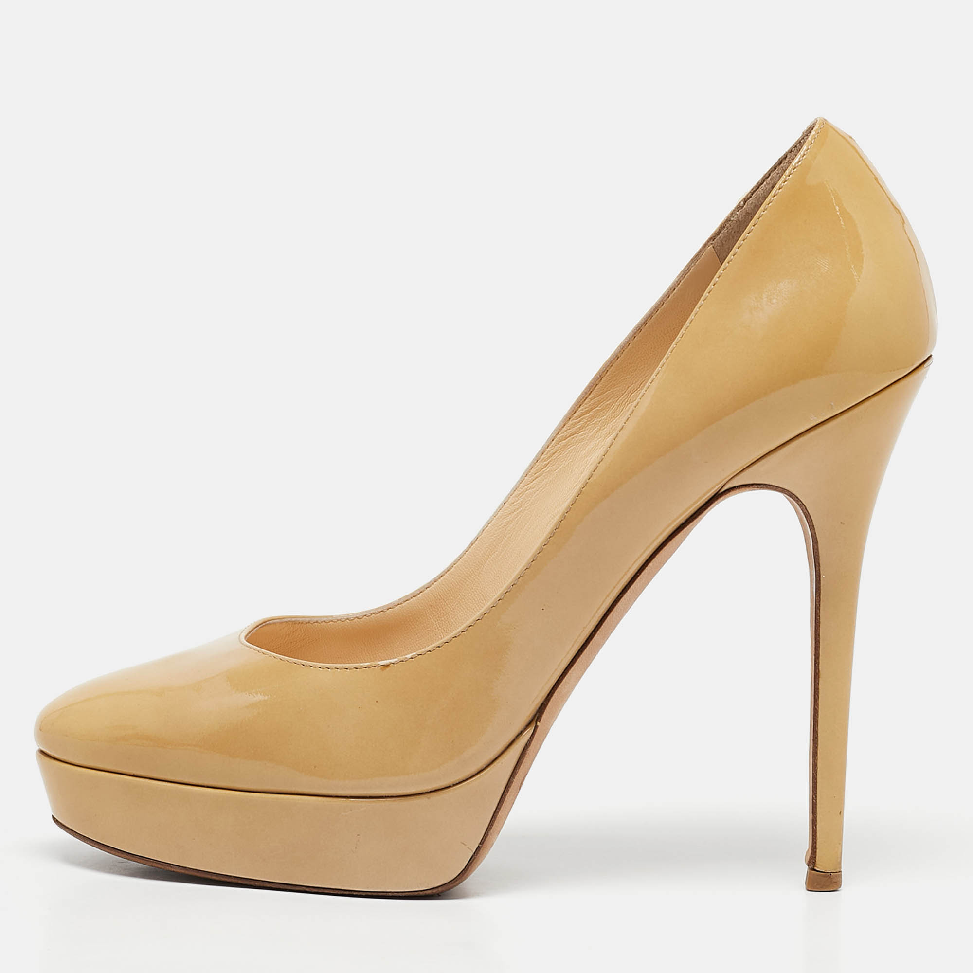 

Jimmy Choo Beige Patent Leather Cosmic Platform Pumps Size