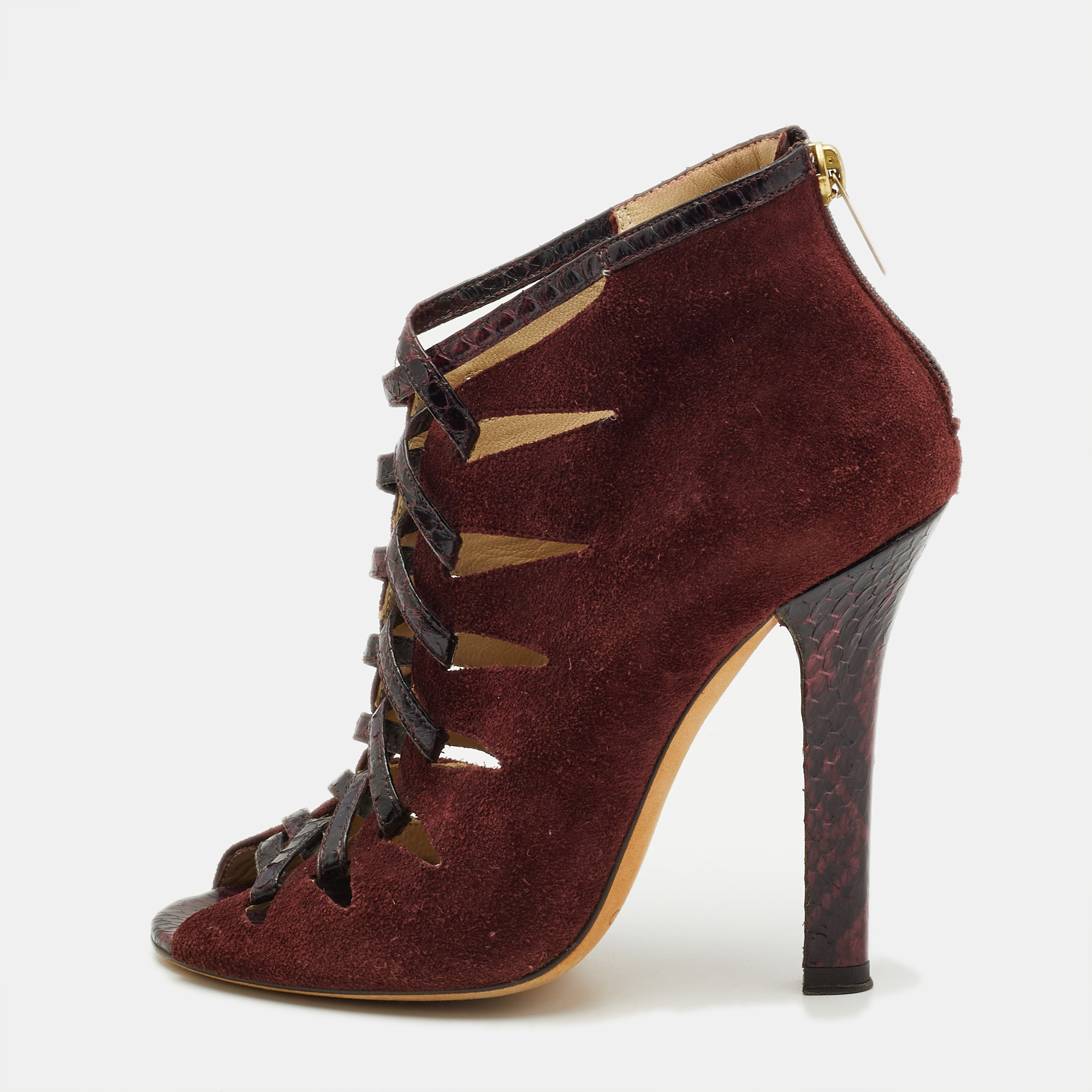 

Jimmy Choo Burgundy Suede and Snakeskin Leather Ankle Booties Size