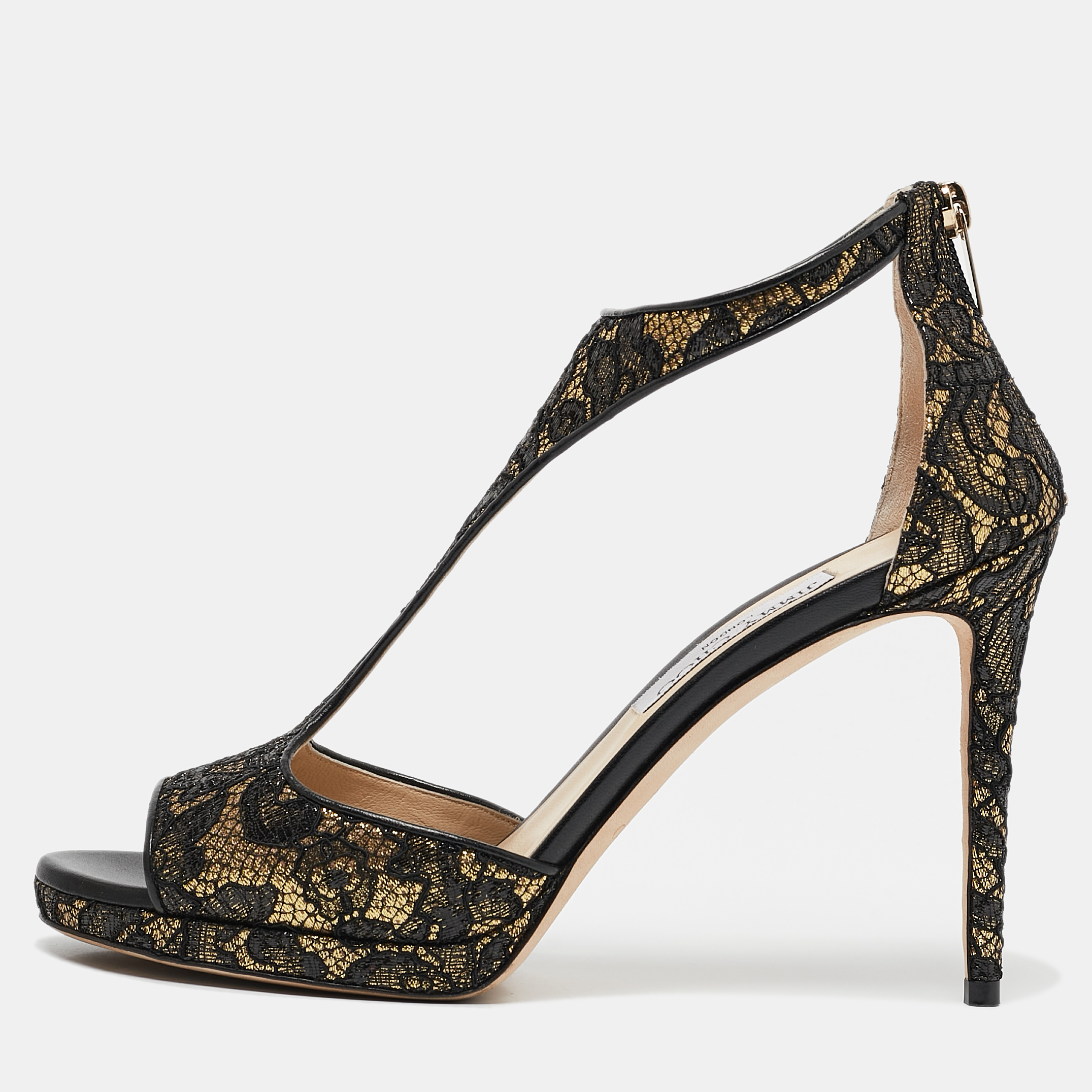 

Jimmy Choo Black/Gold Lace and Lurex Fabric Lana Sandals Size