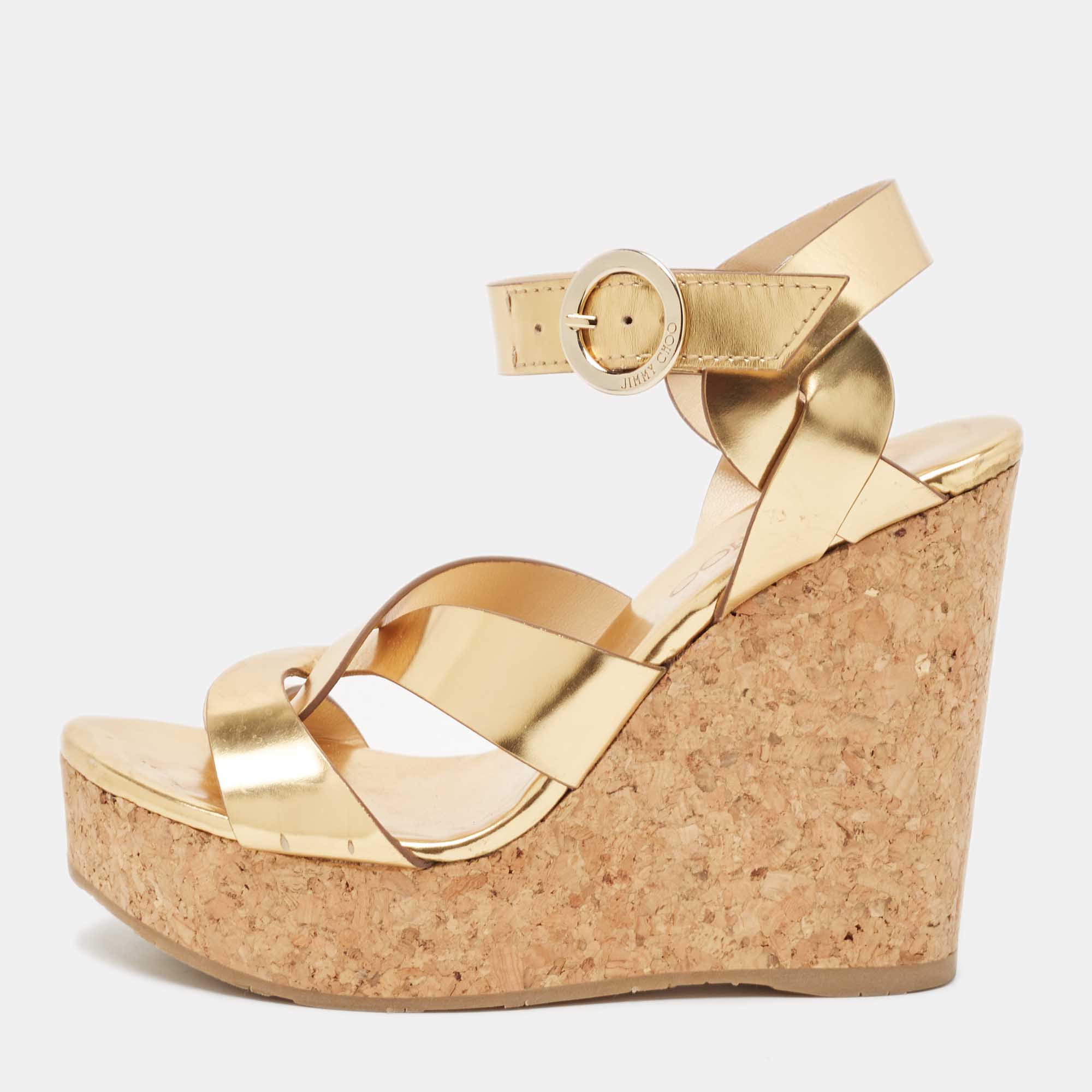 

Jimmy Choo Metallic Gold Leather Cork Wedge Sandals Size