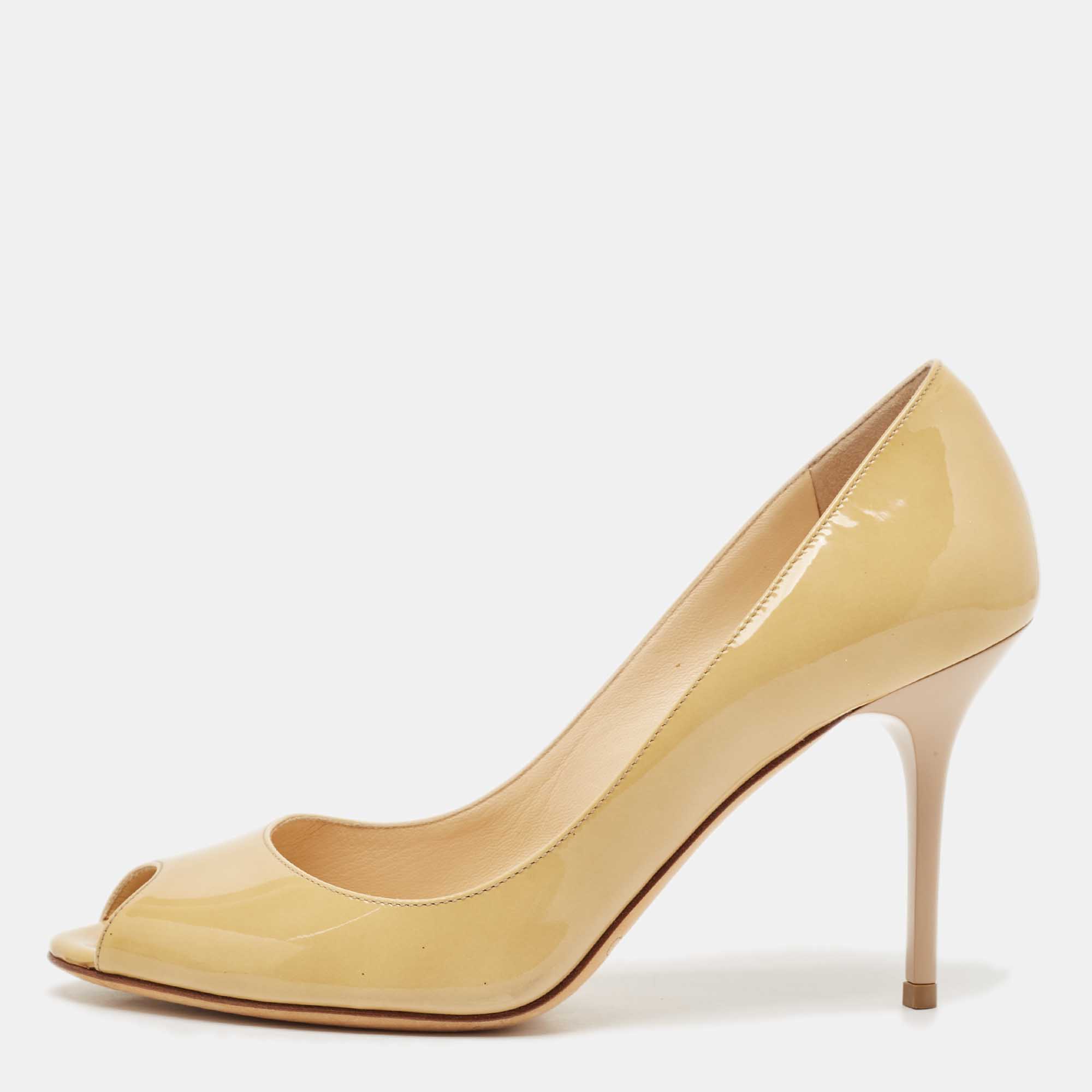 

Jimmy Choo Beige Patent Leather Isabel Peep Toe Pumps Size