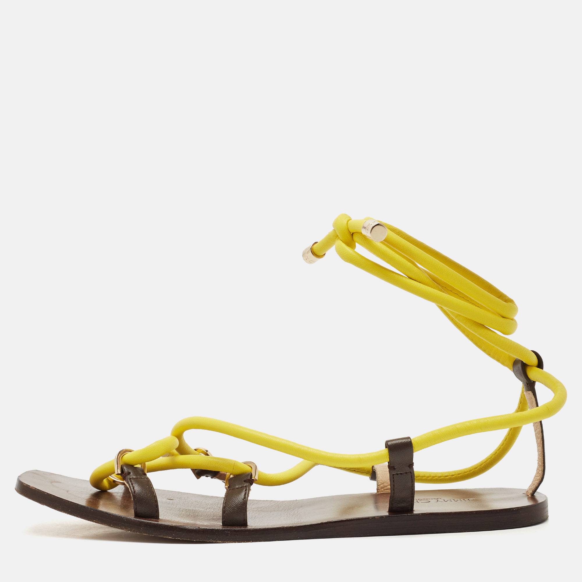 

Jimmy Choo Brown/Yellow Rope and Leather Aziza Flat Ankle Wrap Sandals Size