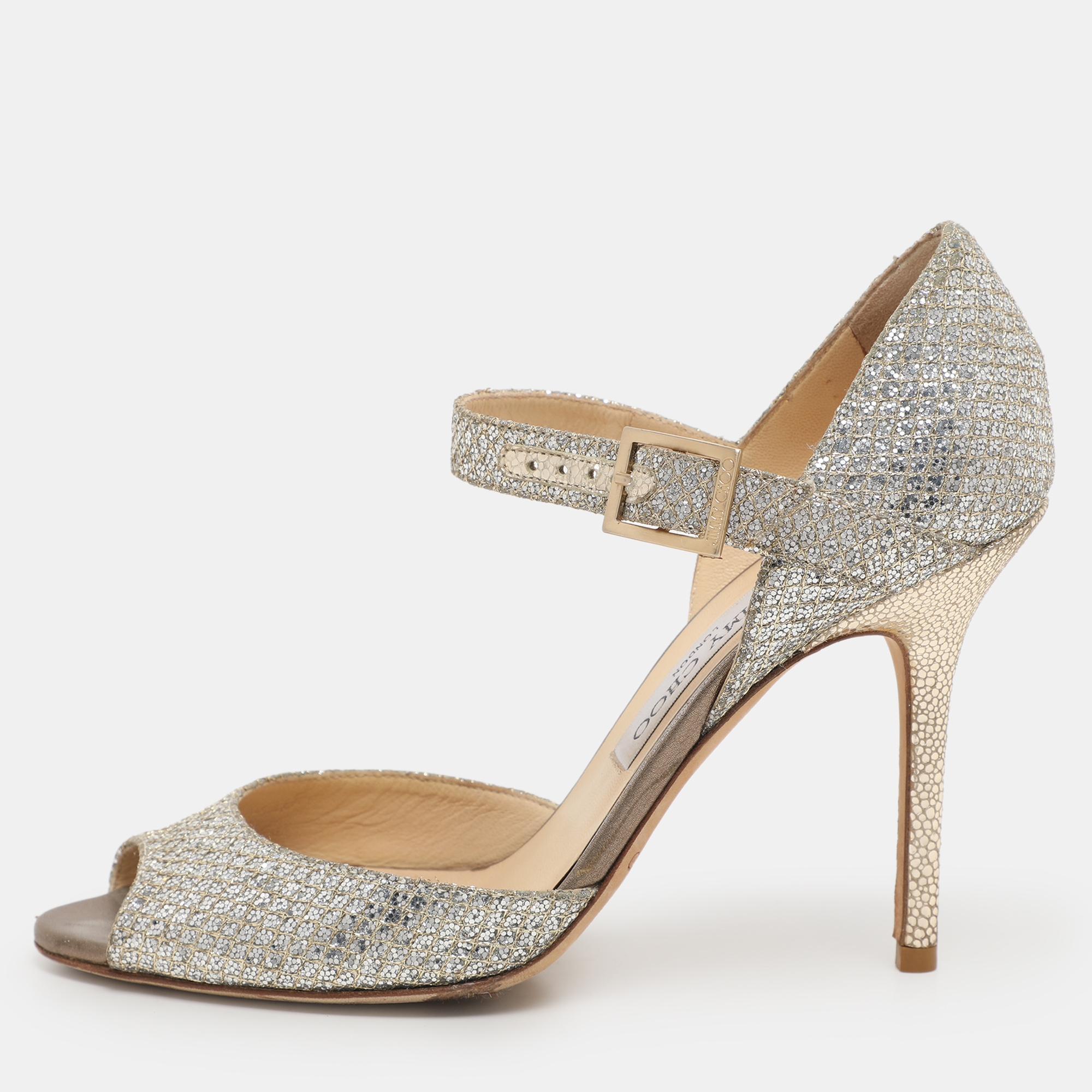 

Jimmy Choo Silver Glitter and Lame Fabric Ankle Strap Sandals Size