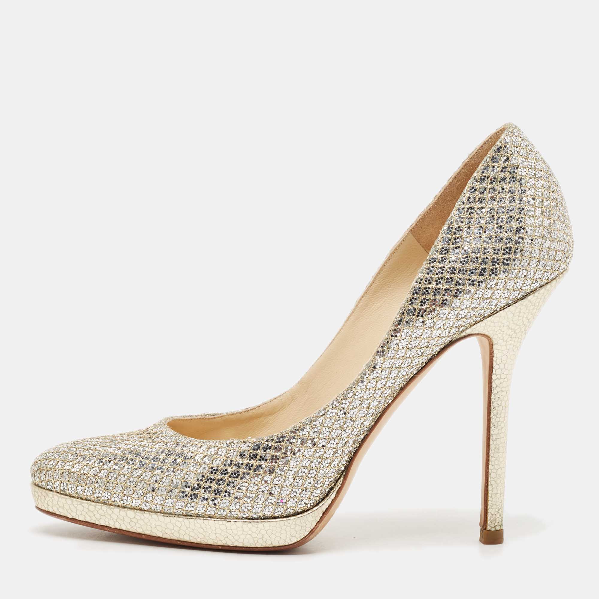 

Jimmy Choo Silver/Gold Glitter and Leather Ailsa Pumps Size