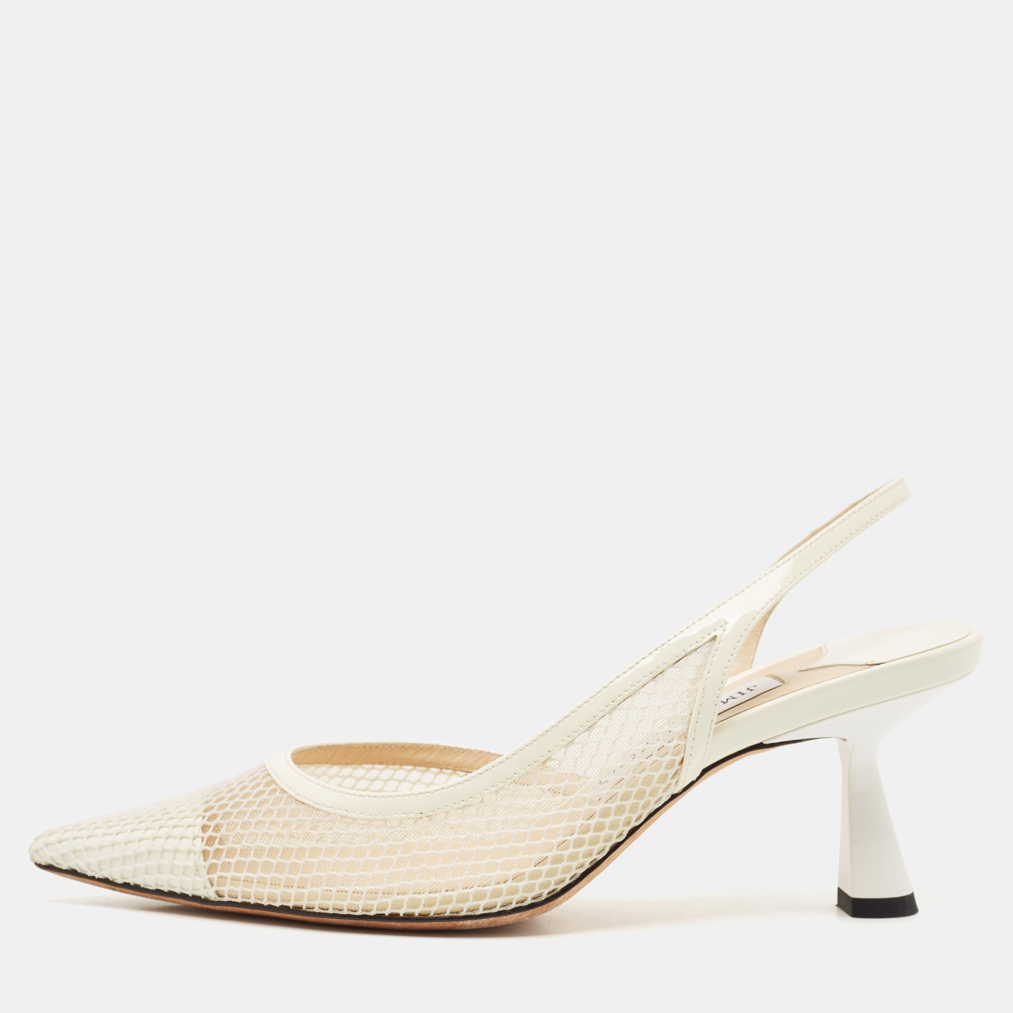 

Jimmy Choo White Patent Leather and Mesh Fetto Slingback Pumps Size