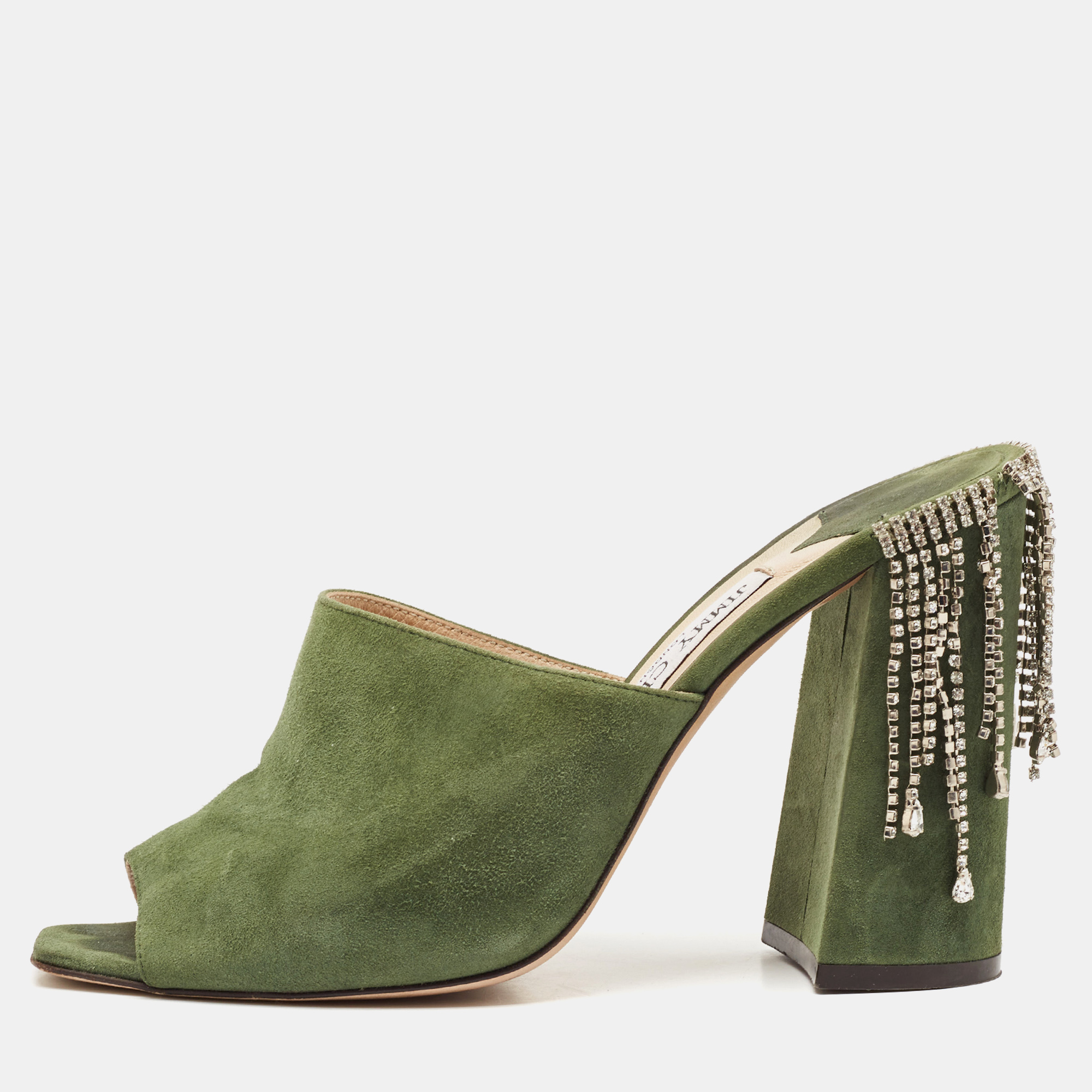 

Jimmy Choo Green Suede Crystal Embellished Baia Mules Size