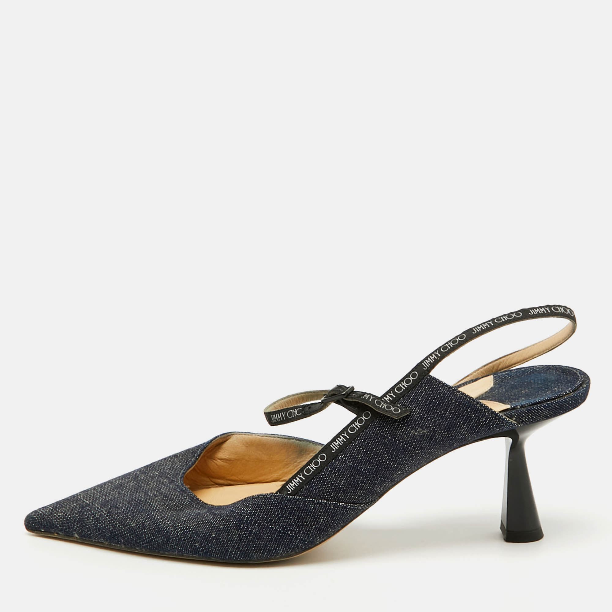 

Jimmy Choo Navy Blue Denim Pointed Toe Ray Logo Slingback Pumps Size