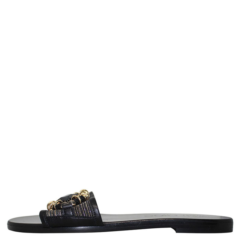 Pre Owned Jimmy Choo Black Jeweled Leather Flat Slides Size 36.5