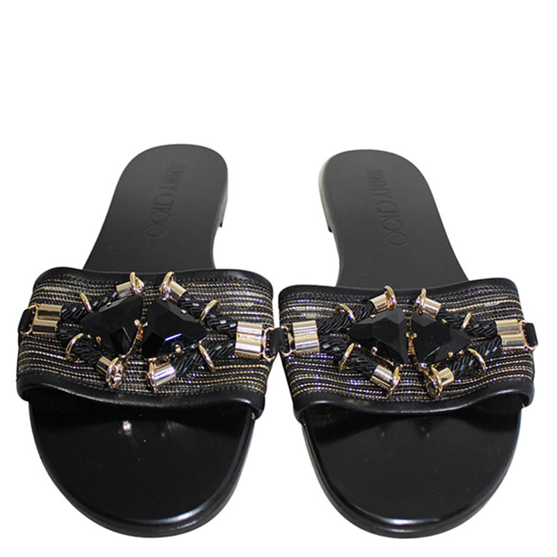 

Jimmy Choo Black Jeweled Leather Flat Slides Size