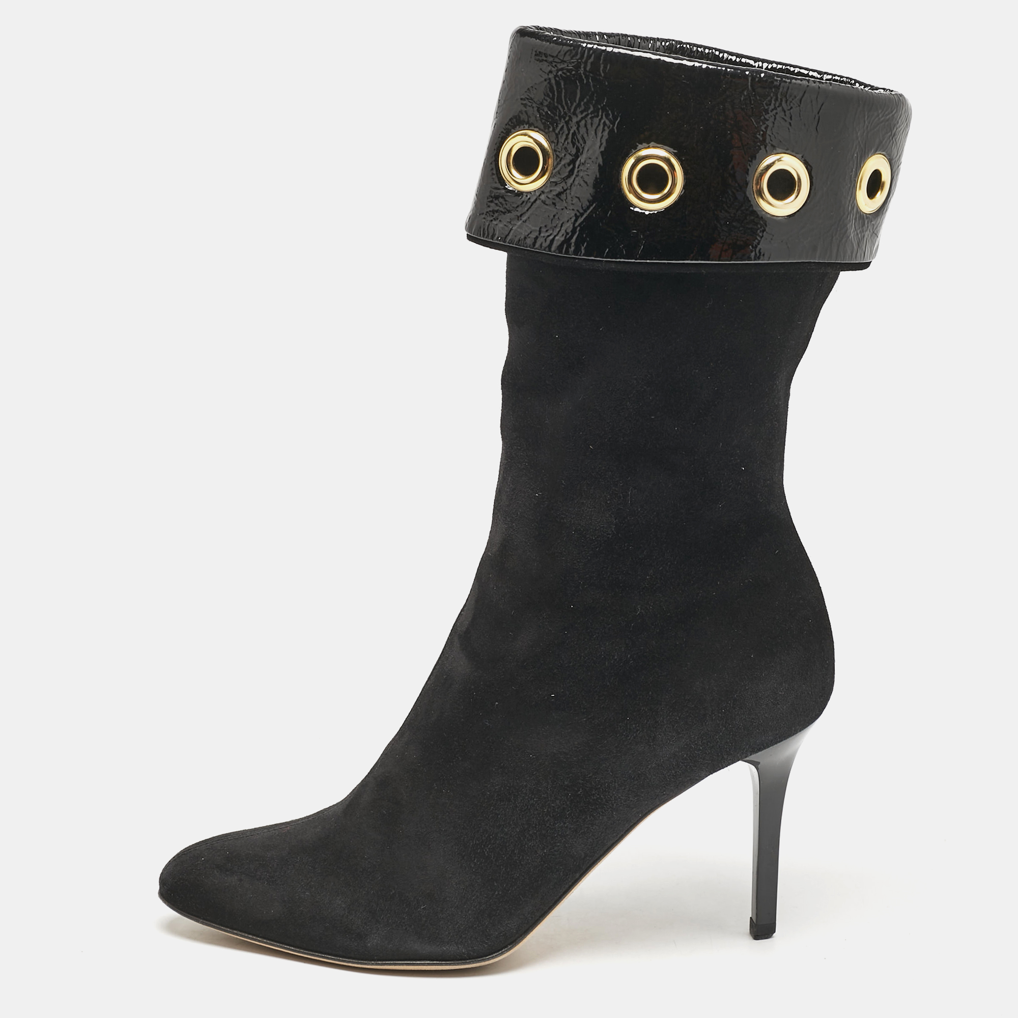 

Jimmy Choo Black Patent Leather and Suede Eyelet Mid Calf Boots Size