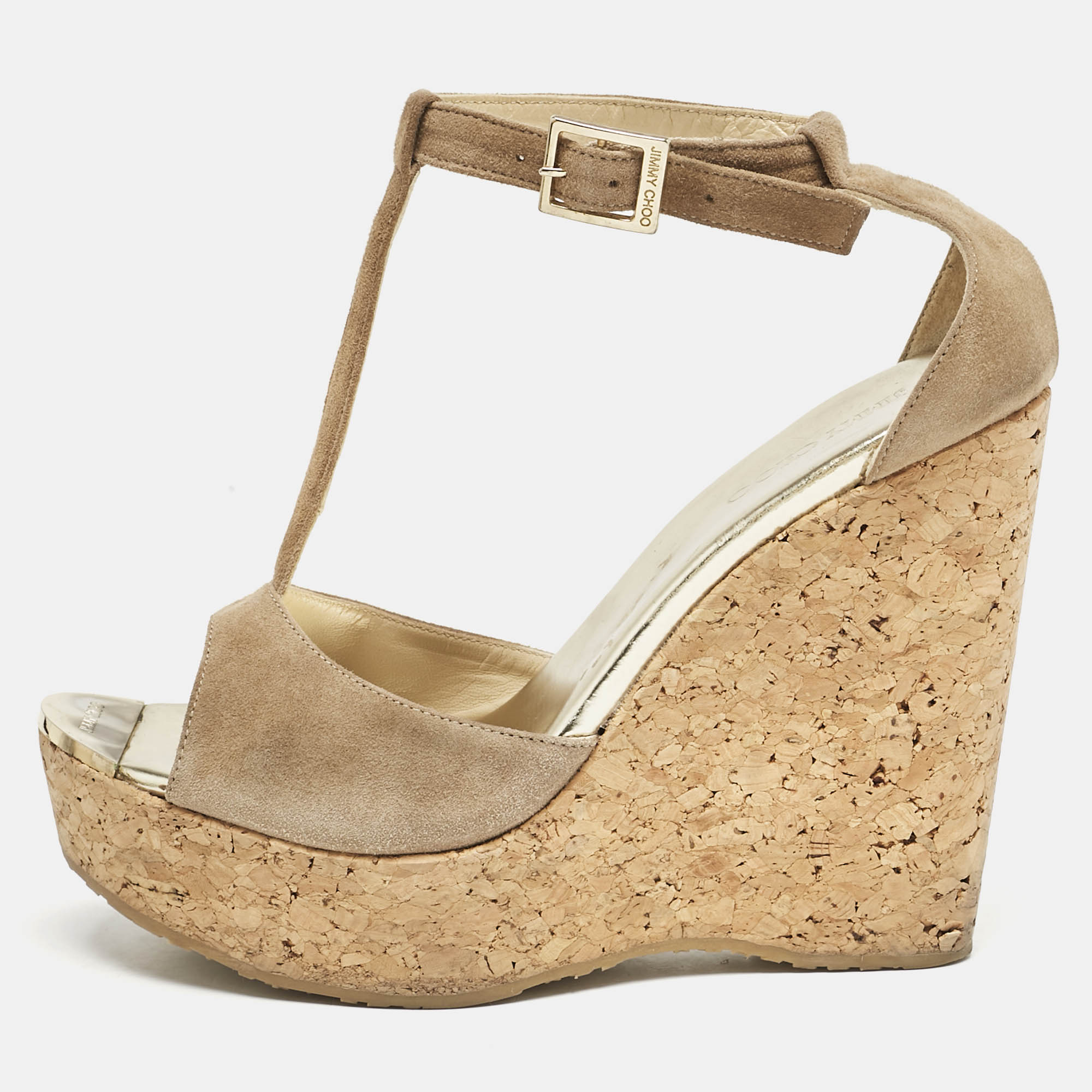 

Jimmy Choo Beige Suede Pela Cork T-Strap Sandals Size