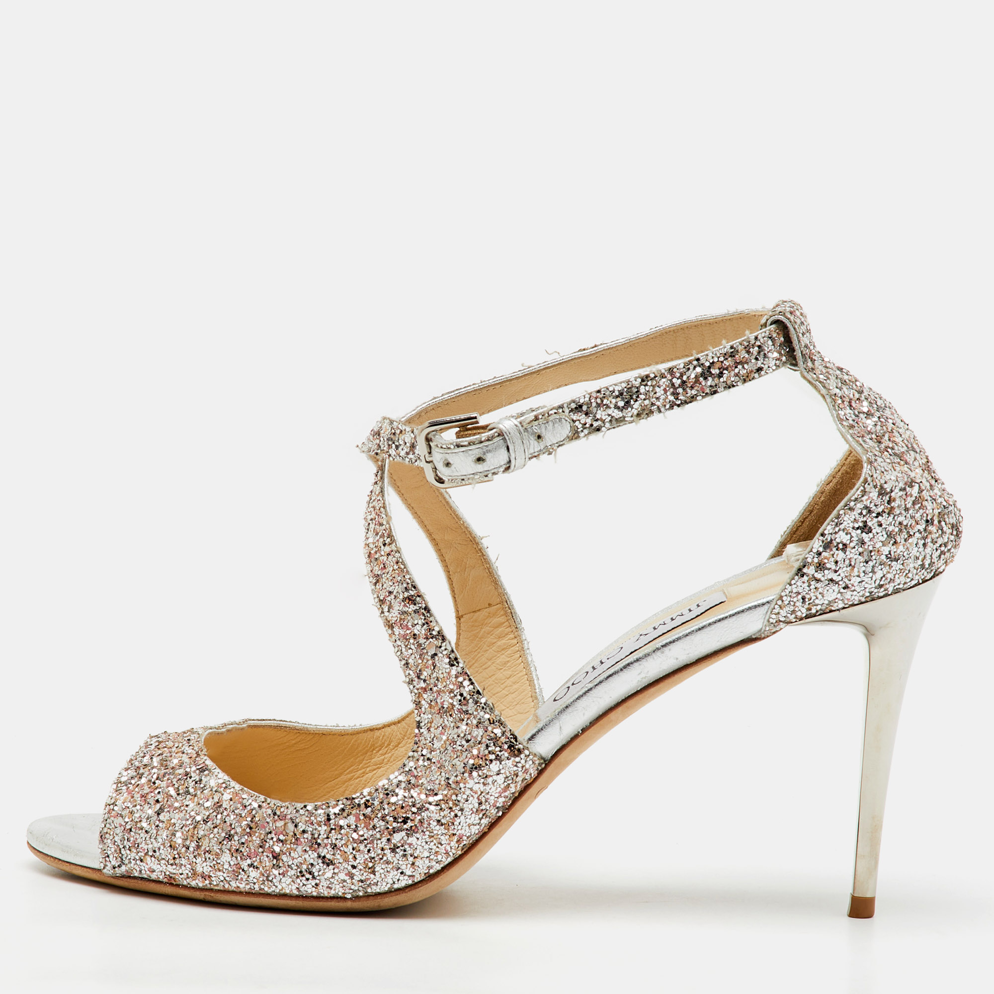 

Jimmy Choo Metallic Silver Coarse Glitter Emily Open Toe Sandals Size