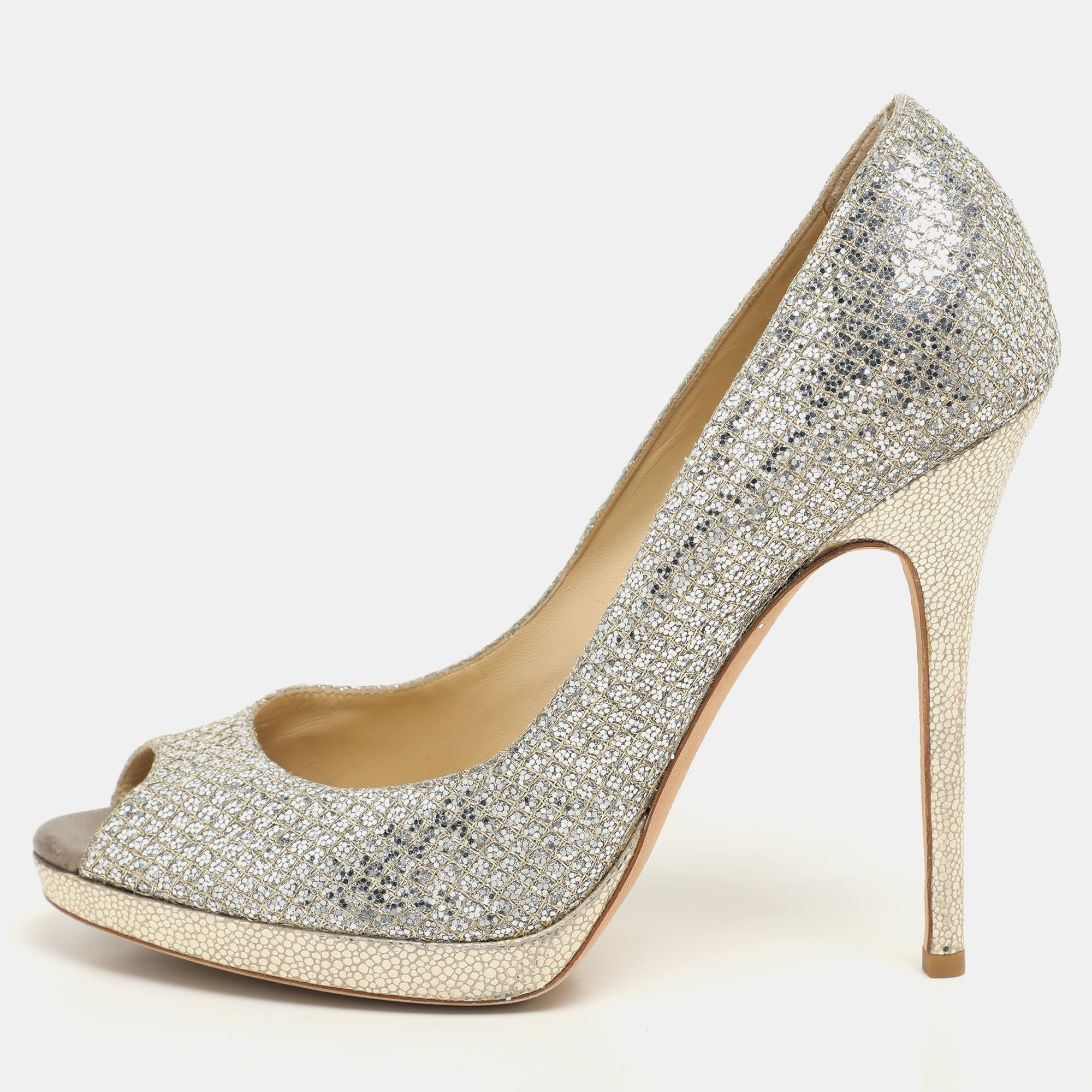 

Jimmy Choo Gold Glitter Luna Peep Toe Pumps Size