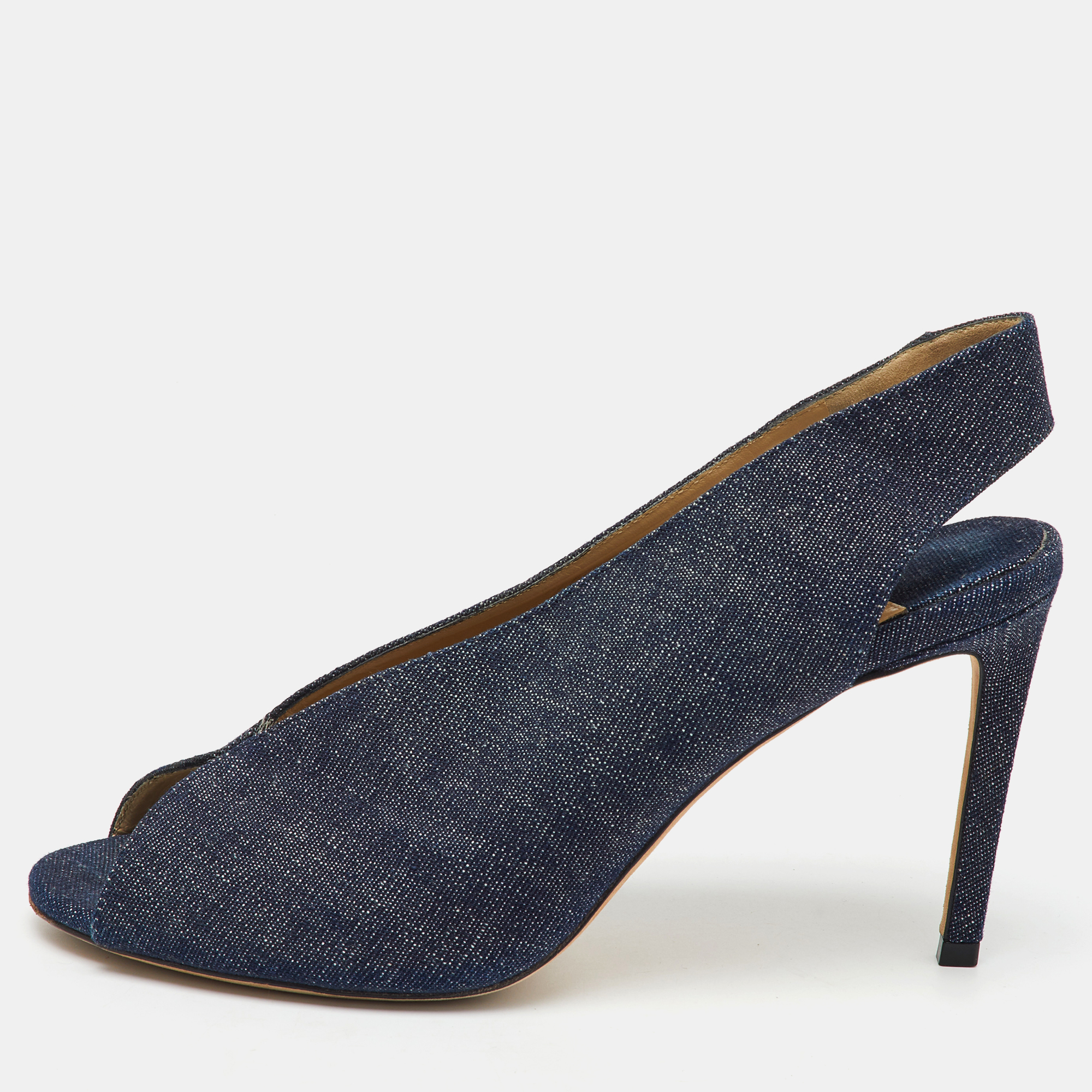 

Jimmy Choo Navy Blue Denim Shar Peep Toe Slingback Pumps Size