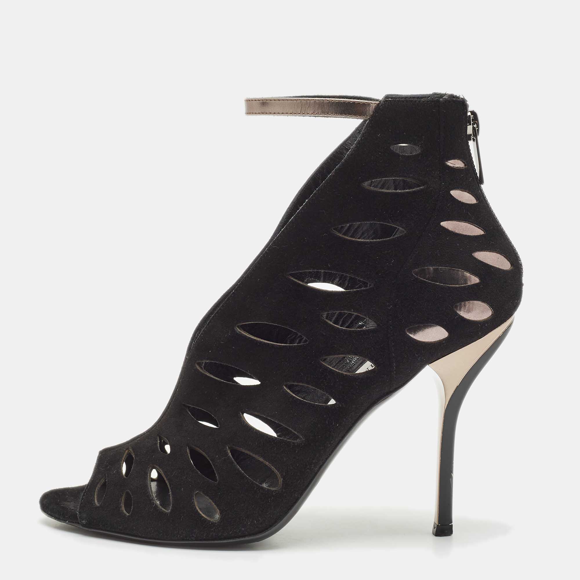 

Jimmy Choo Black Leather and Suede Drift Cutout Booties Size