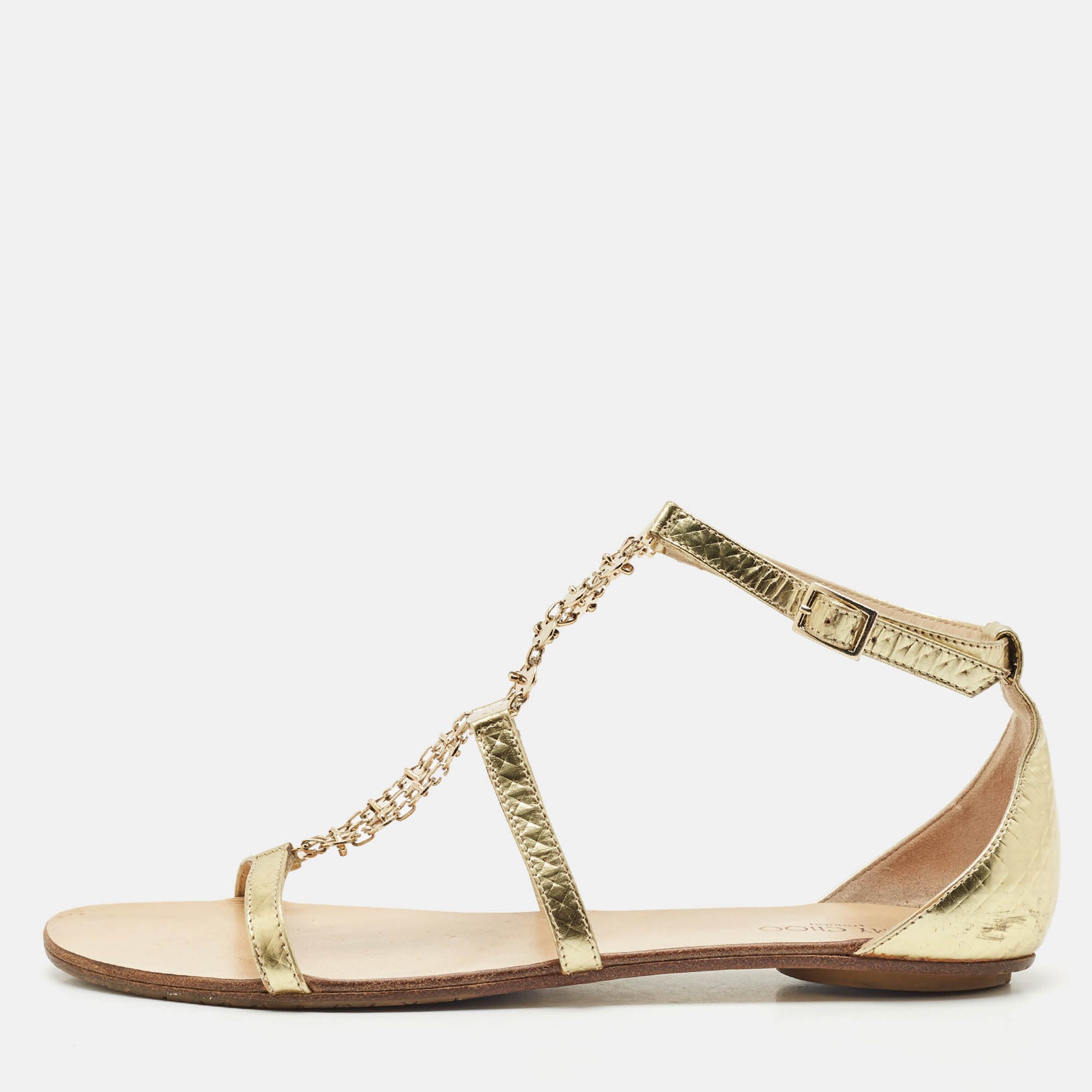 

Jimmy Choo Gold Patent Leather Embellished T Strap Flat Sandals Size