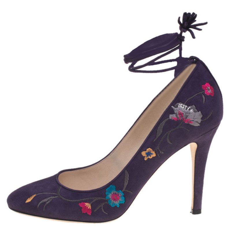 

Jimmy Choo Purple Floral Embroidered Suede Chelan Tie Up Pumps Size
