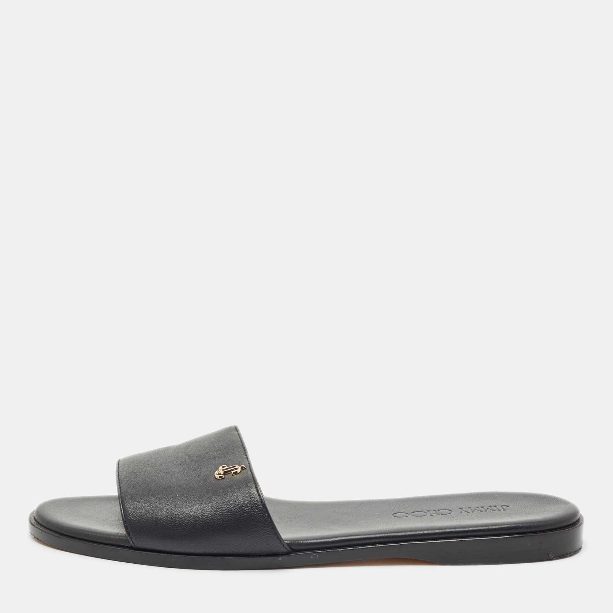 

Jimmy Choo Black Leather Minea Flat Slide Sandals Size