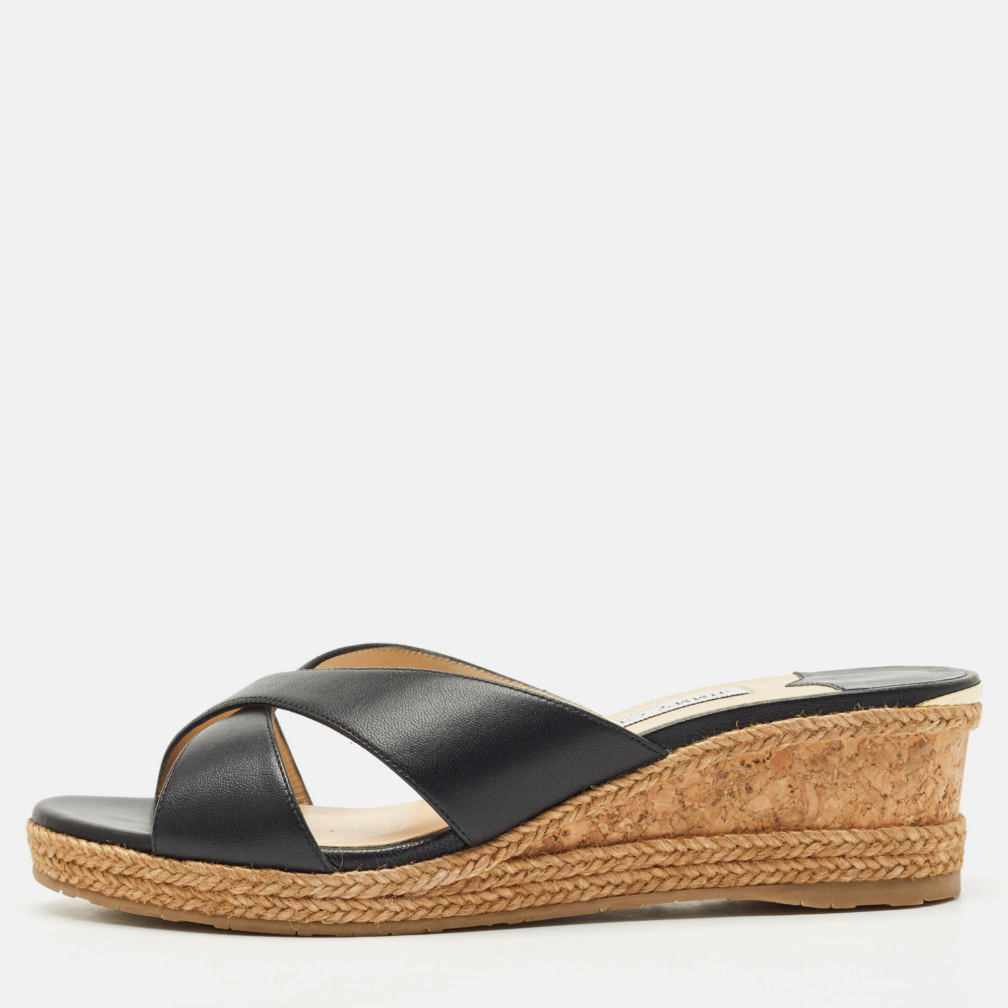 

Jimmy Choo Black Leather Almer Wedge Sandals Size