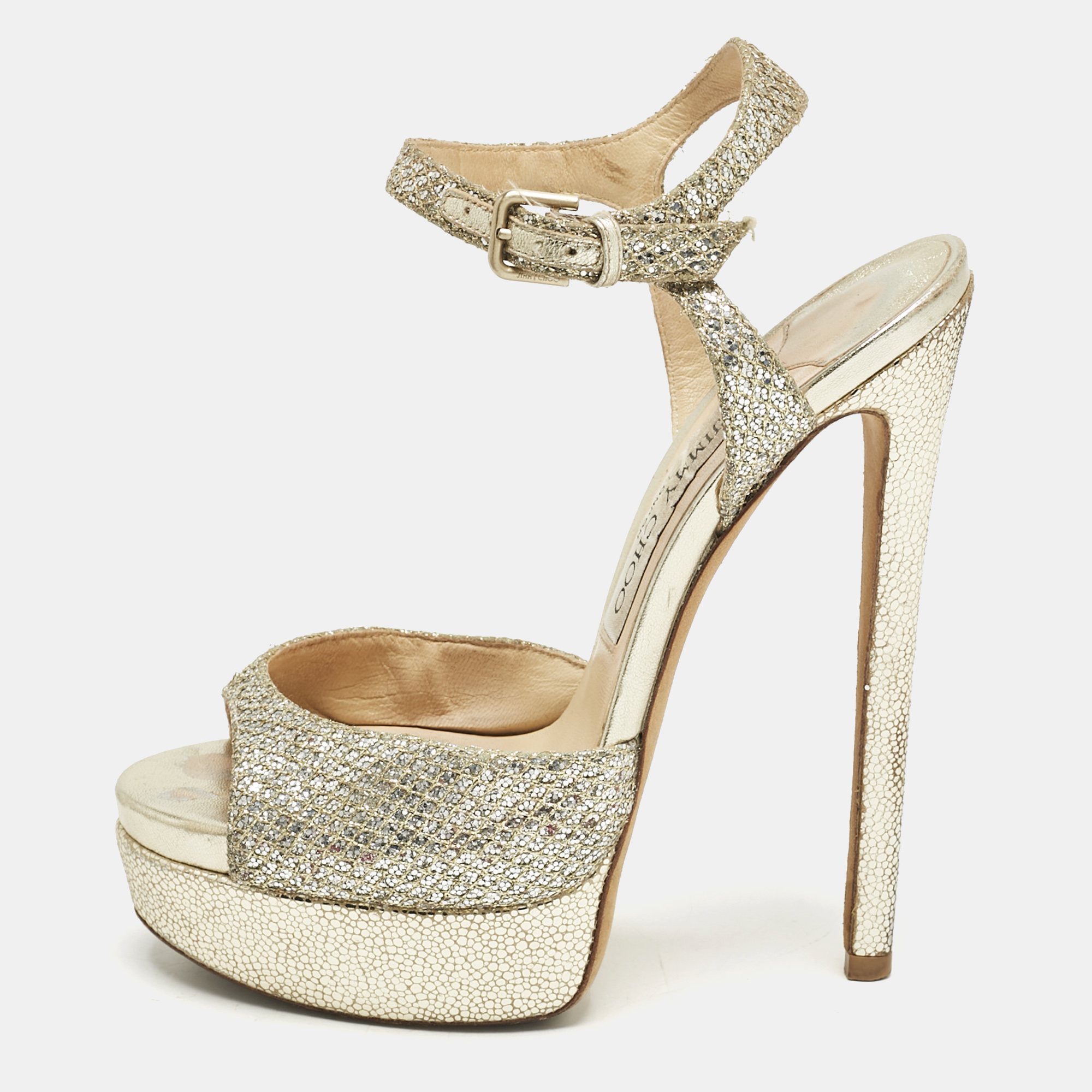 Pre-owned Jimmy Choo Silver Glitter Linda Ankle Strap Sandals Size 36.5