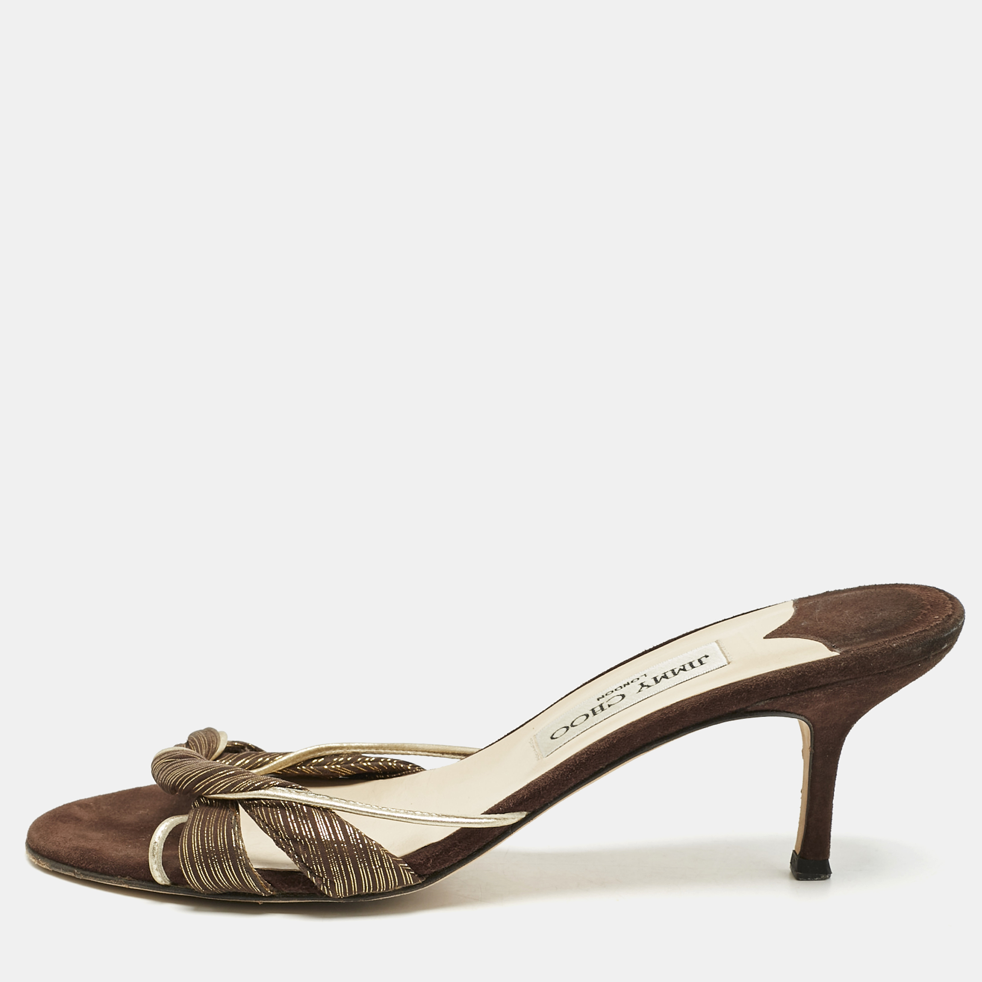 

Jimmy Choo Brown/Gold Fabric and Leather Slide Sandals Size