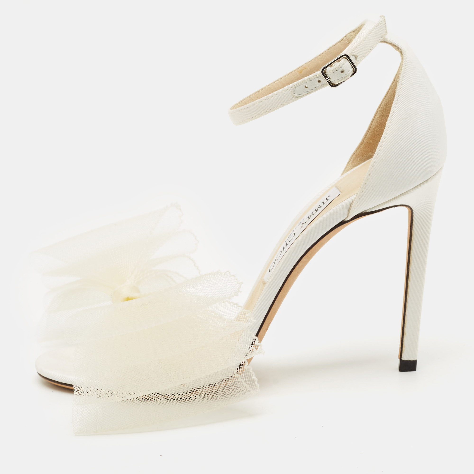 

Jimmy Choo White Canvas and Mesh Aveline Bow Ankle Strap Pumps Size