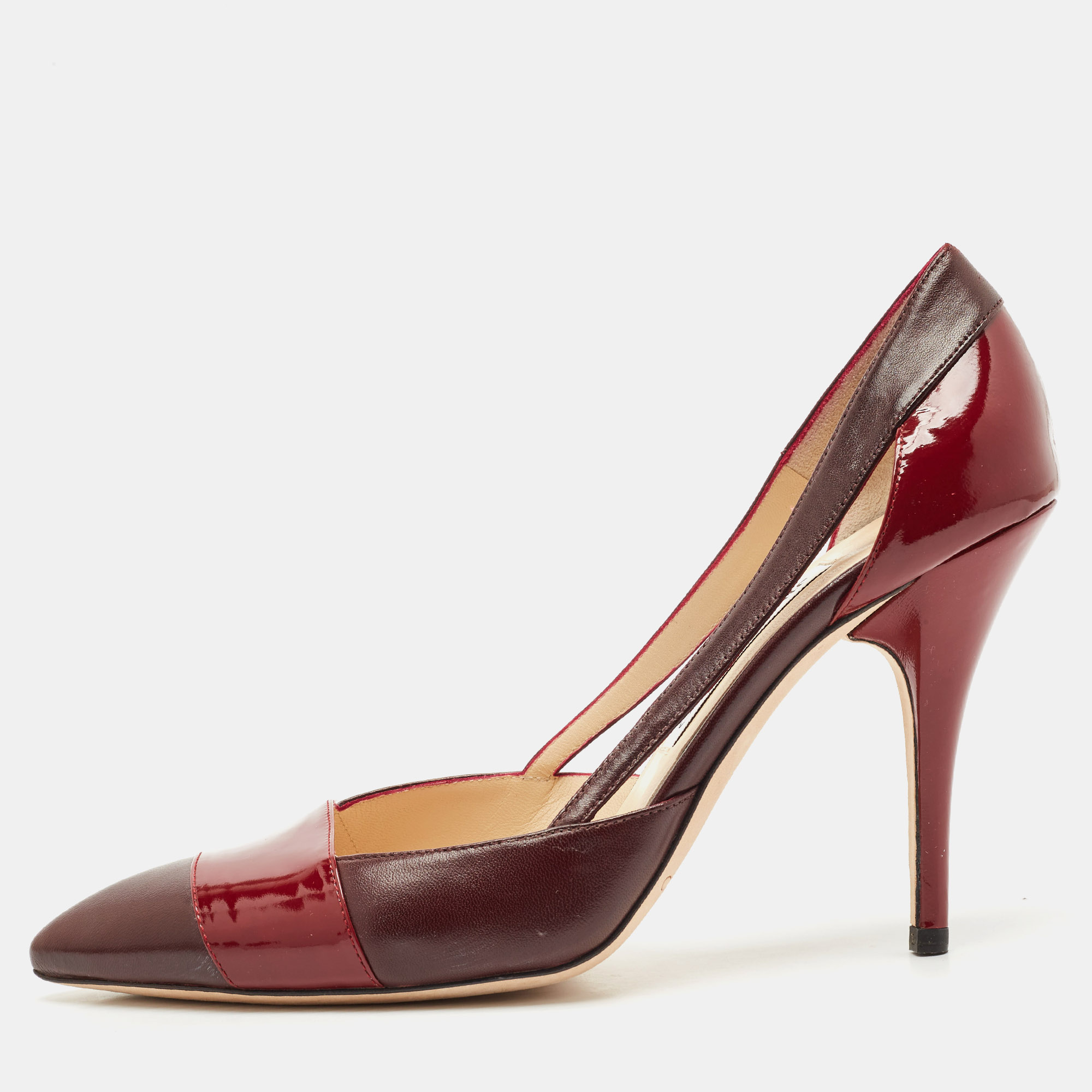 

Jimmy Choo Burgundy/Red Patent and Leather Cut Out Pumps Size