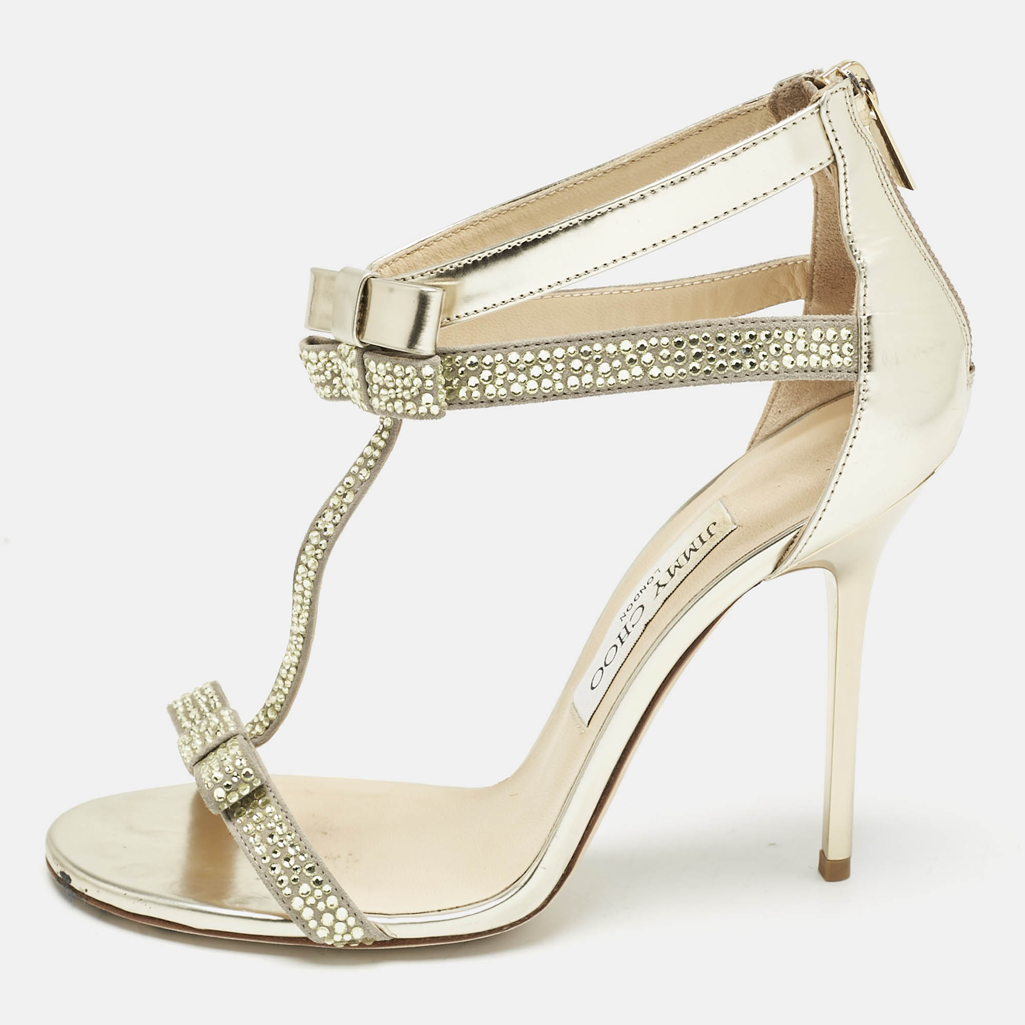 

Jimmy Choo Grey Leather and Suede Escape Crystal T-Strap Sandals Size