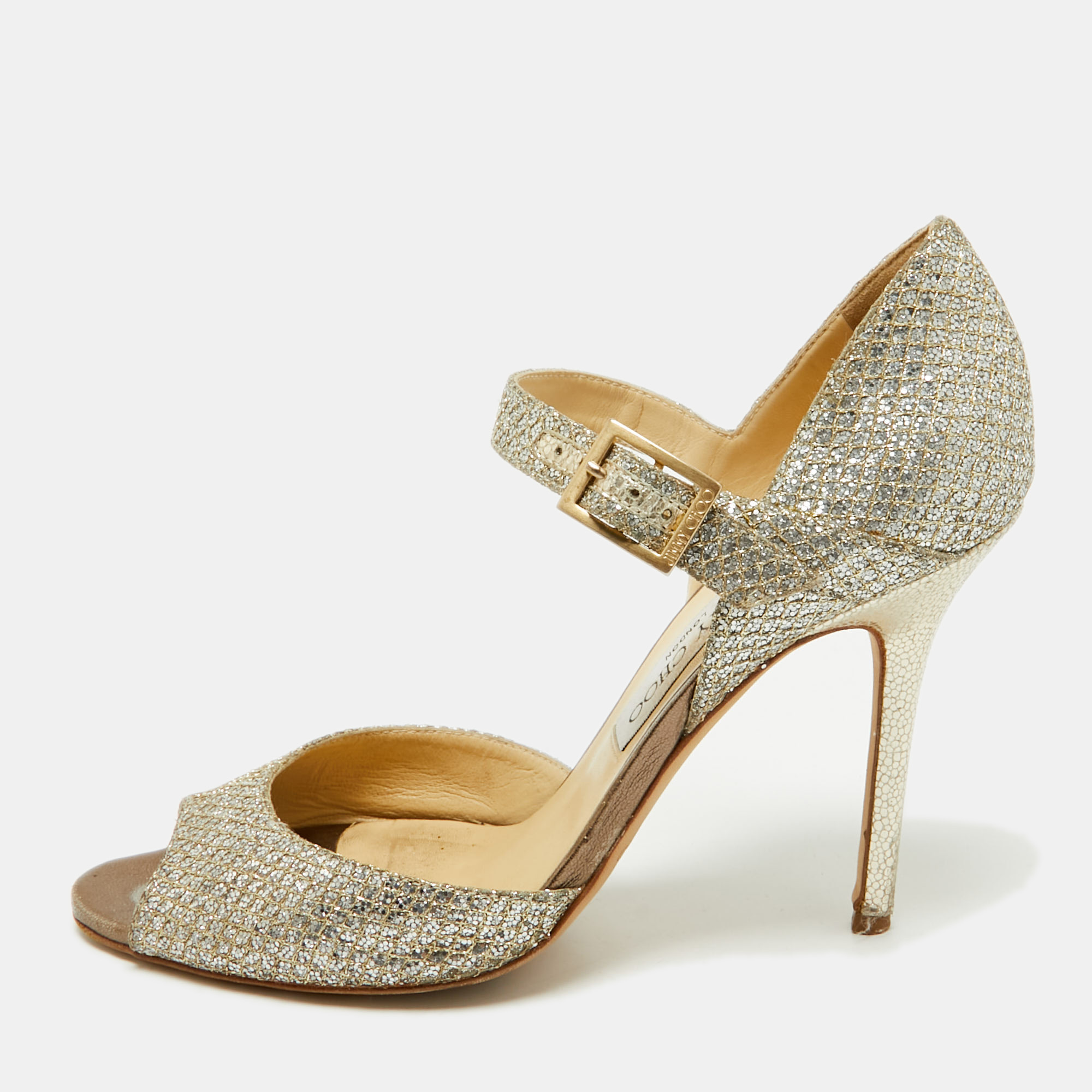 

Jimmy Choo Gold Glitter Mary Jane Pumps Size