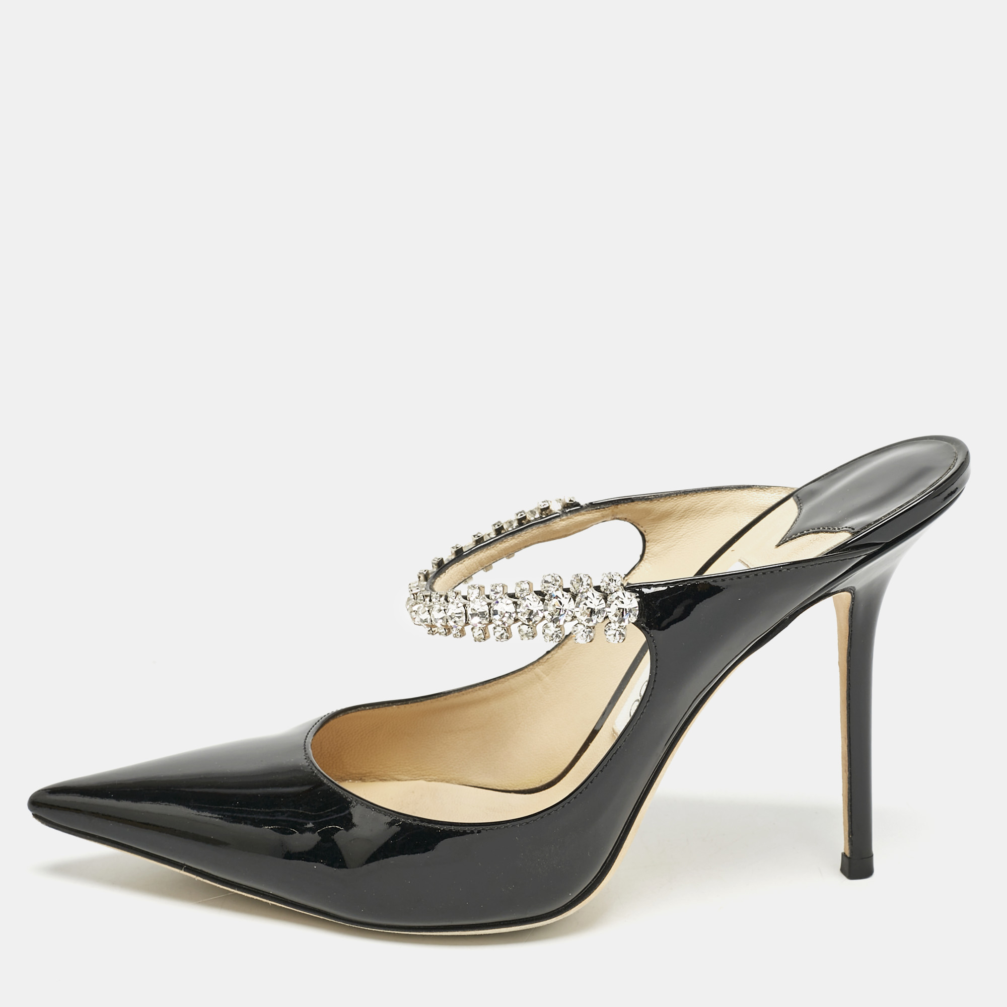 

Jimmy Choo Black Patent Leather Bing Crystals Mules Size