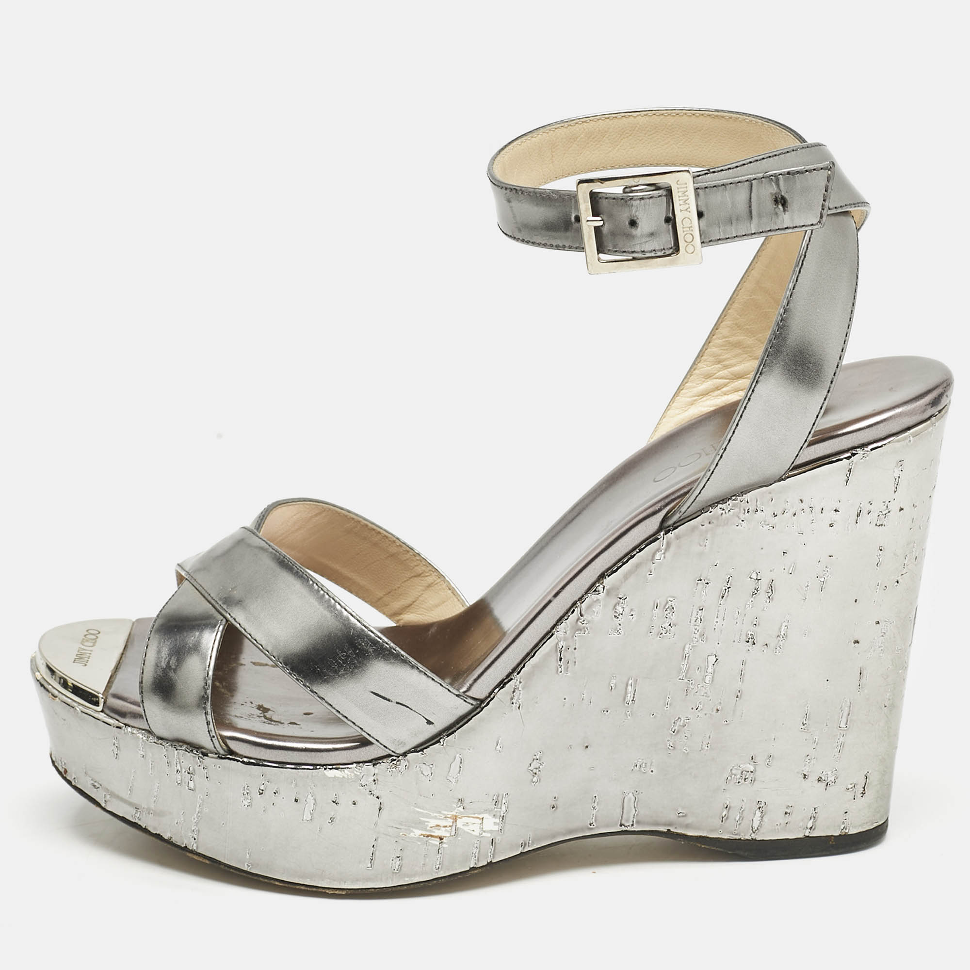 

Jimmy Choo Silver Leather Crisscross Strap Wedge Sandals Size