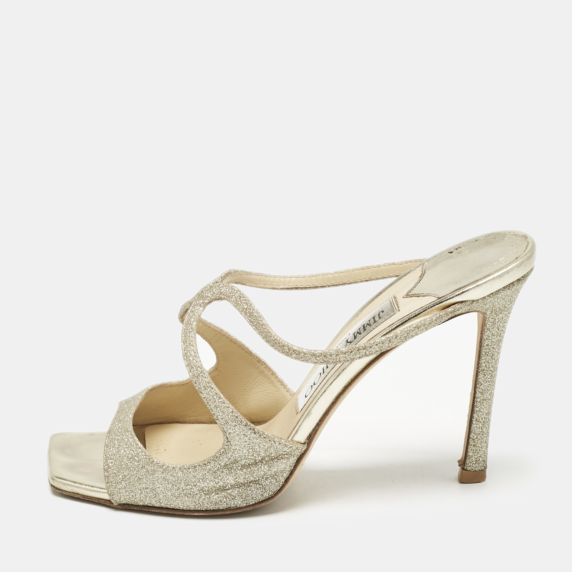 

Jimmy Choo Metallic Glitter Stacey Slide Sandals Size