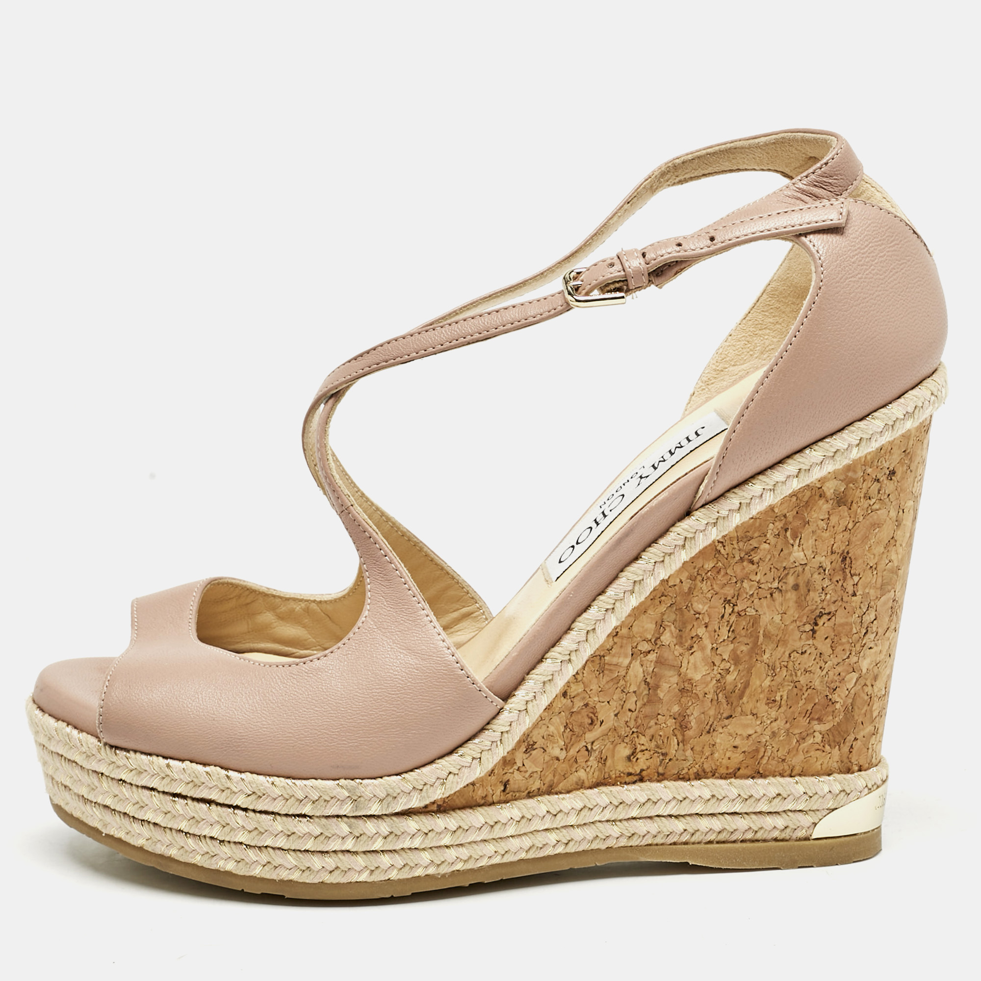 

Jimmy Choo Pink Leather Crisscross Strap Cork Wedge Sandals Size