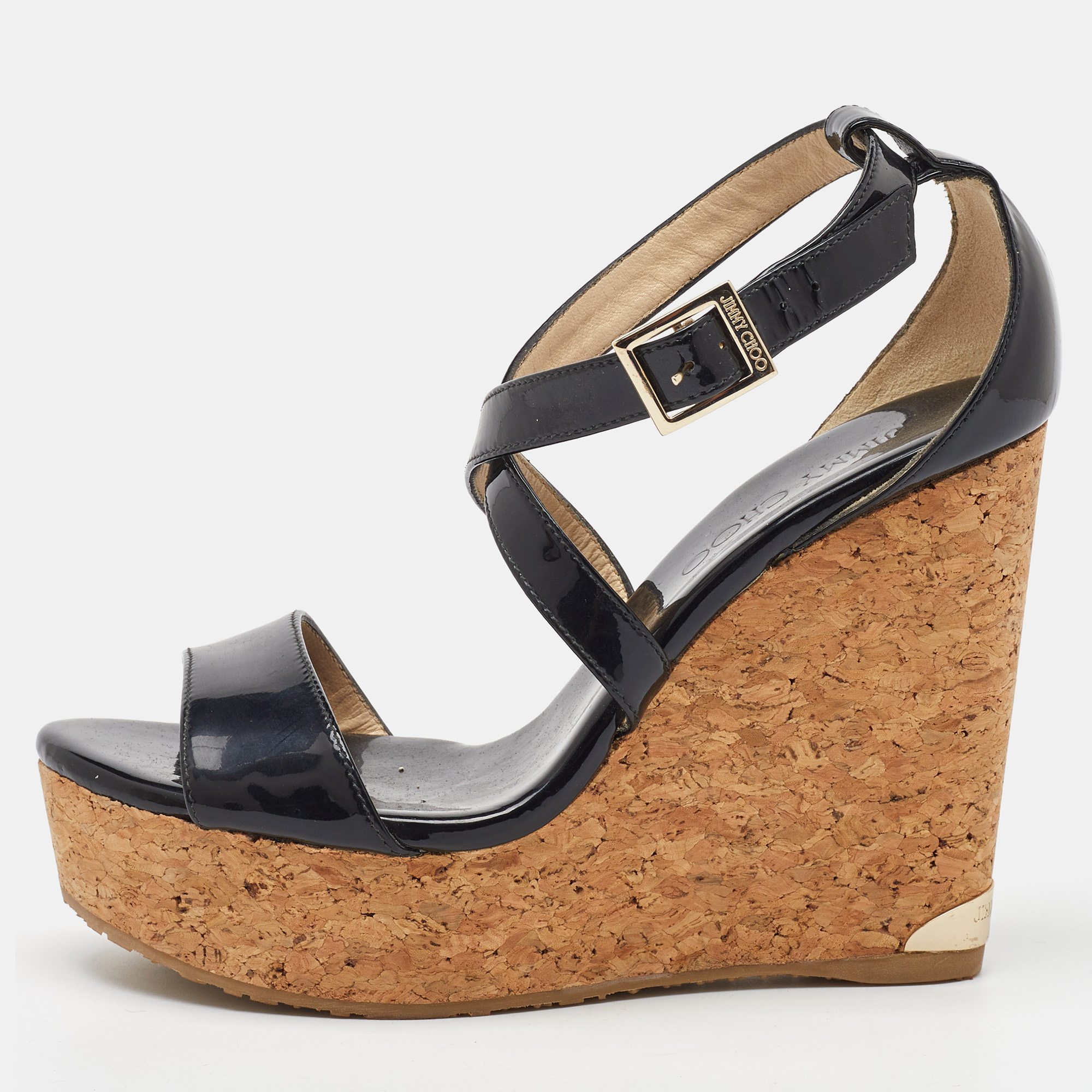 

Jimmy Choo Black Patent Leather Portia Cork Platform Wedge Cross Strap Sandals Size