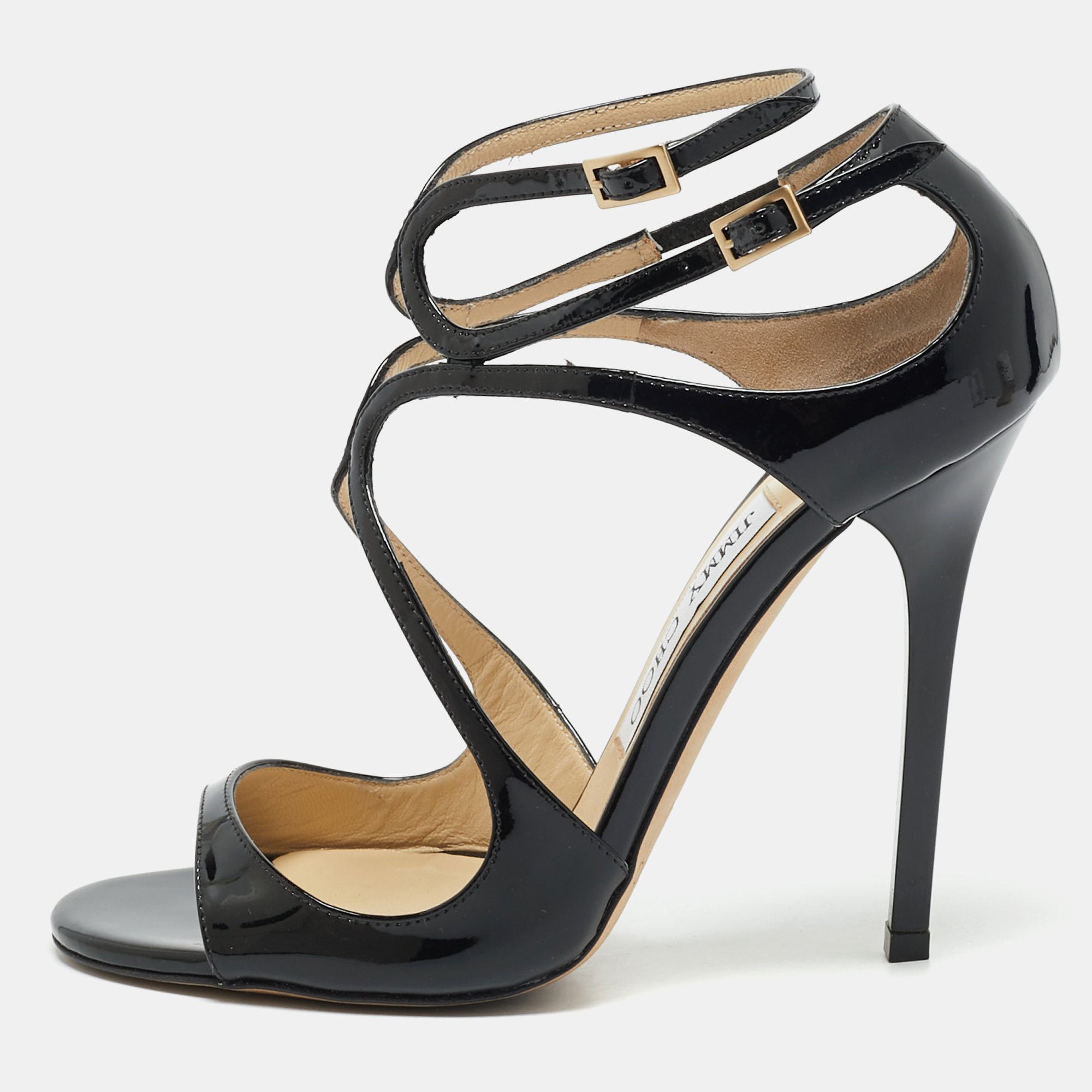 

Jimmy Choo Black Patent Leather Lance Sandals Size