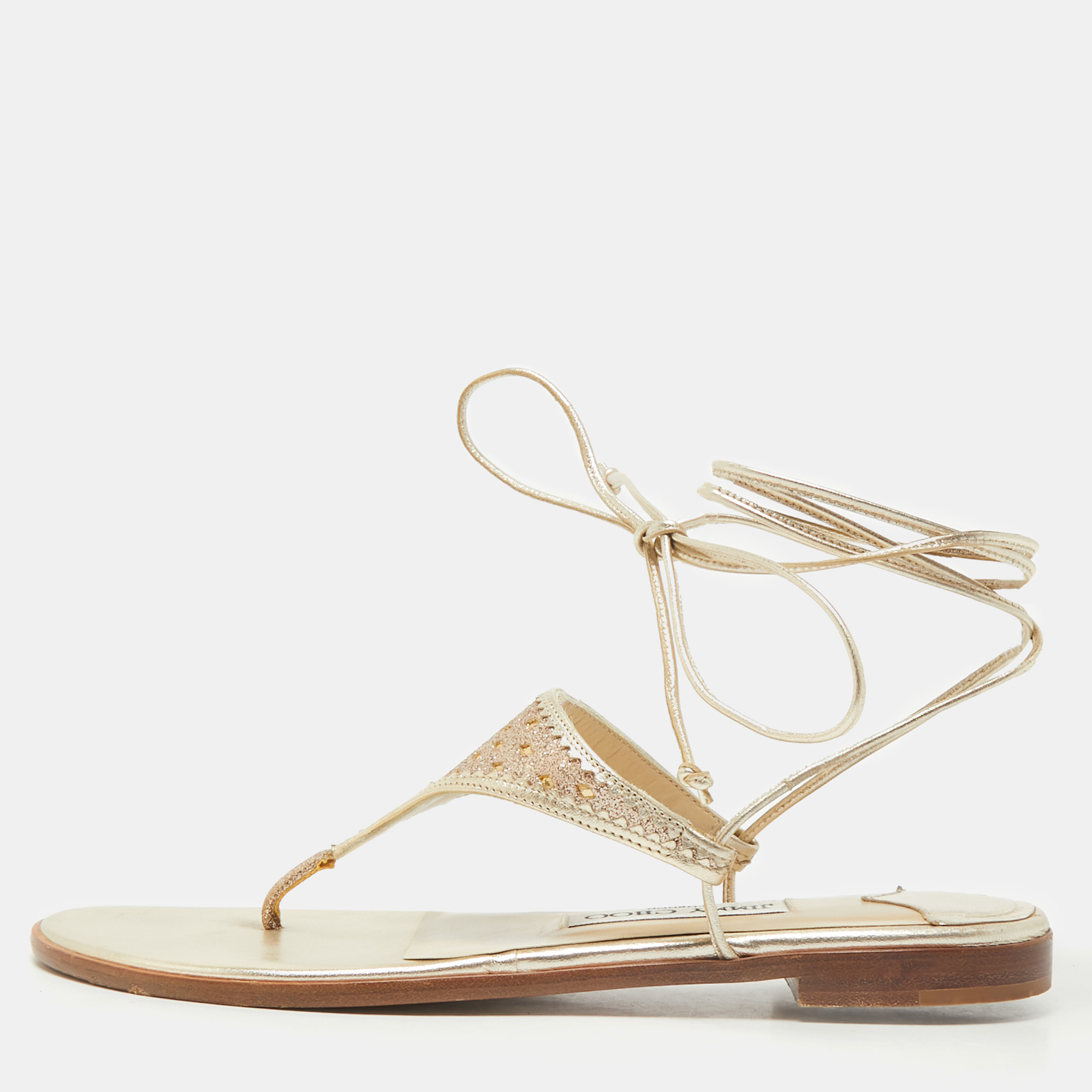 

Jimmy Choo Gold Leather Narisa Lace Wrap Thong Flat Sandals Size