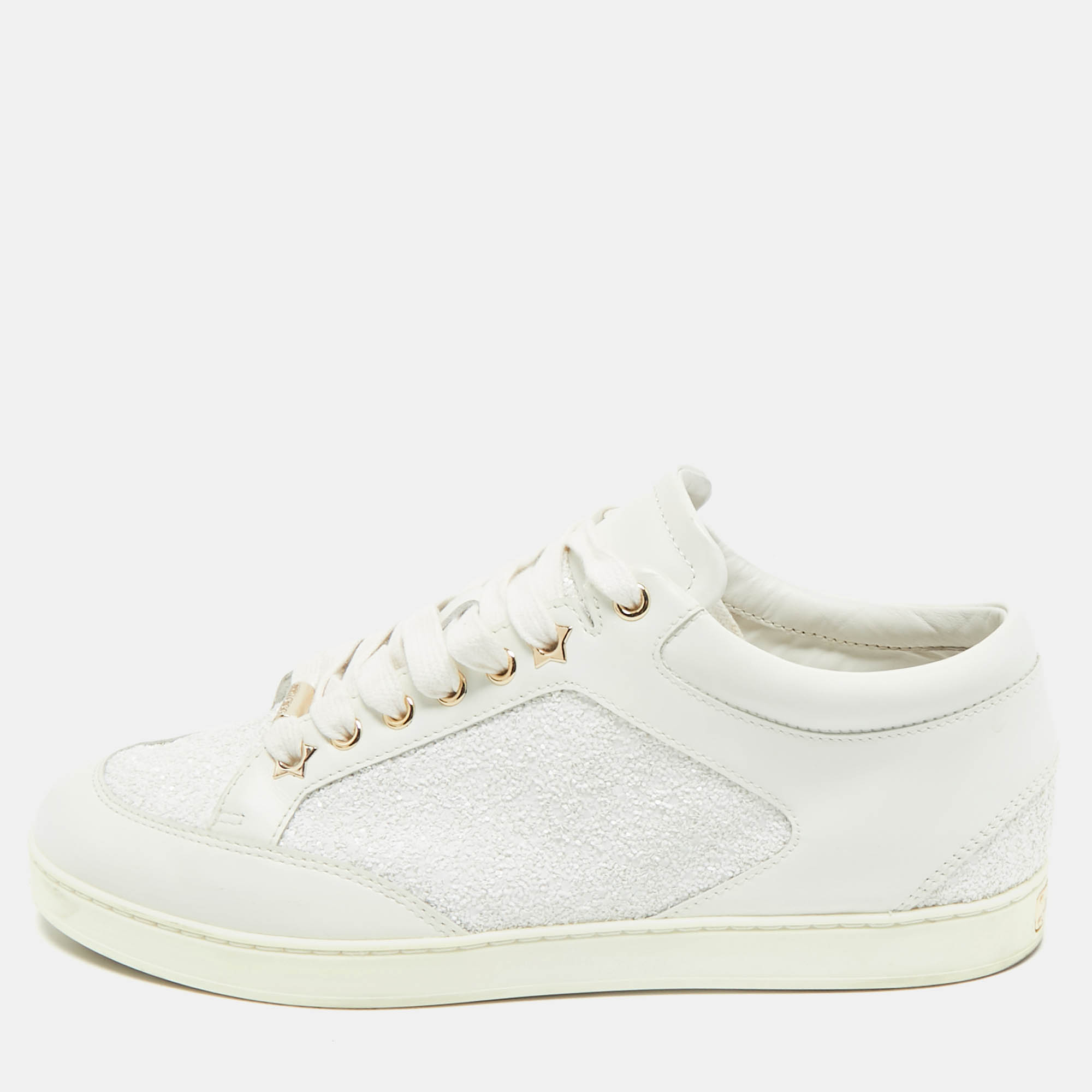 

Jimmy Choo White Glitter and Leather Low Top Sneakers Size
