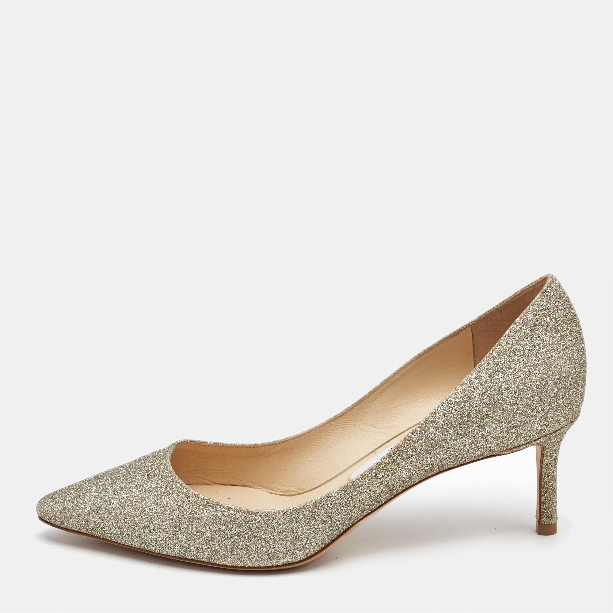 

Jimmy Choo Gold Glitter Romy Pumps Size