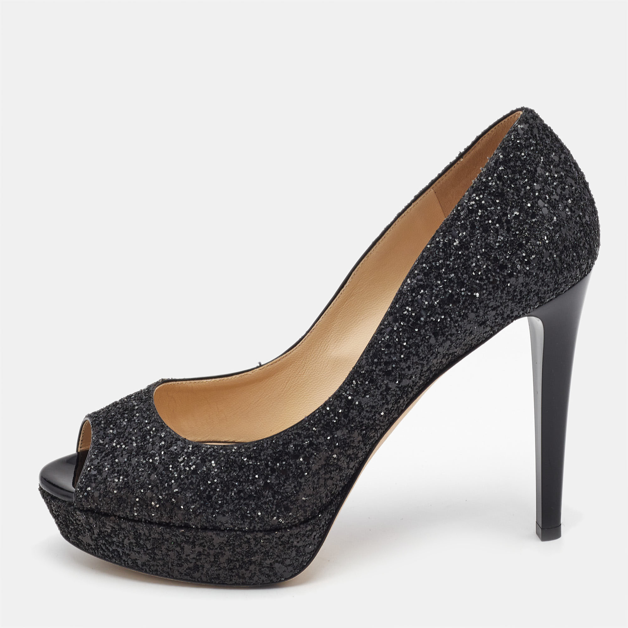 

Jimmy Choo Black Coarse Glitter Dahlia Pumps Size
