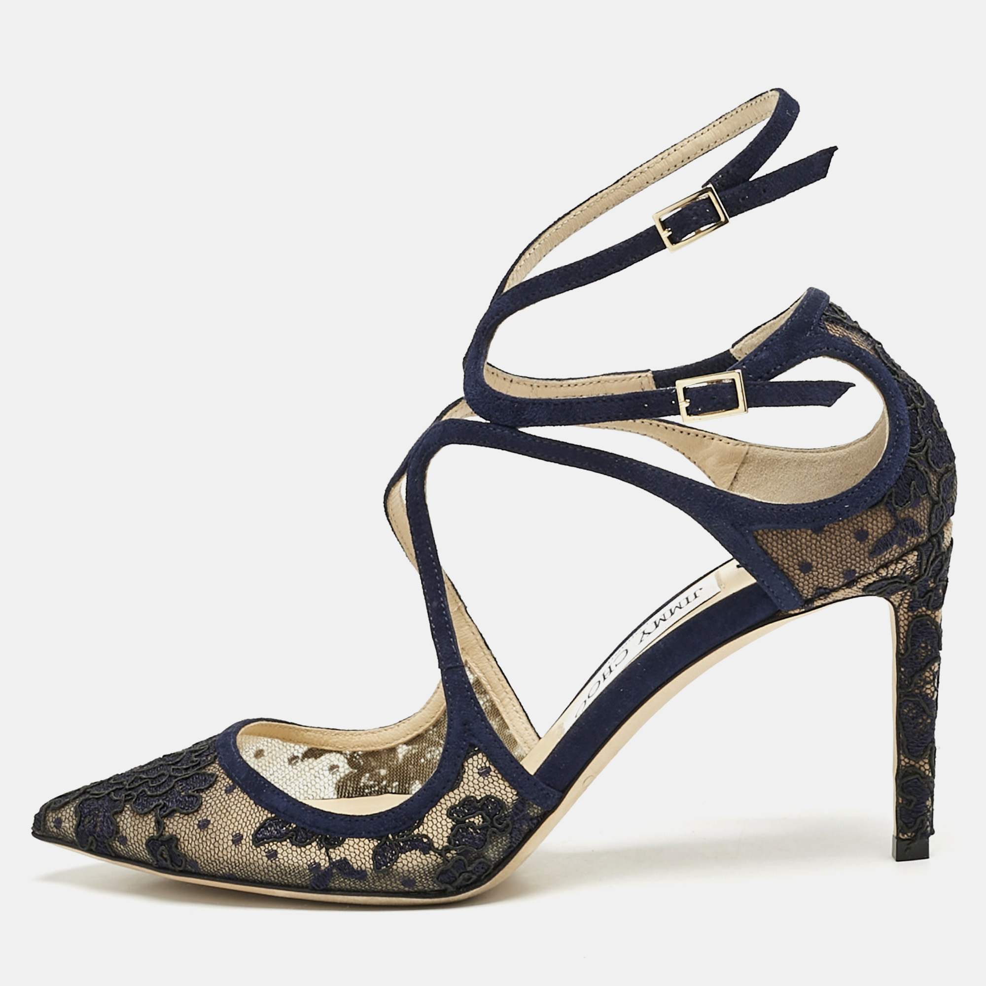 

Jimmy Choo Blue Lace and Suede Lancer Ankle Strap Pumps Size