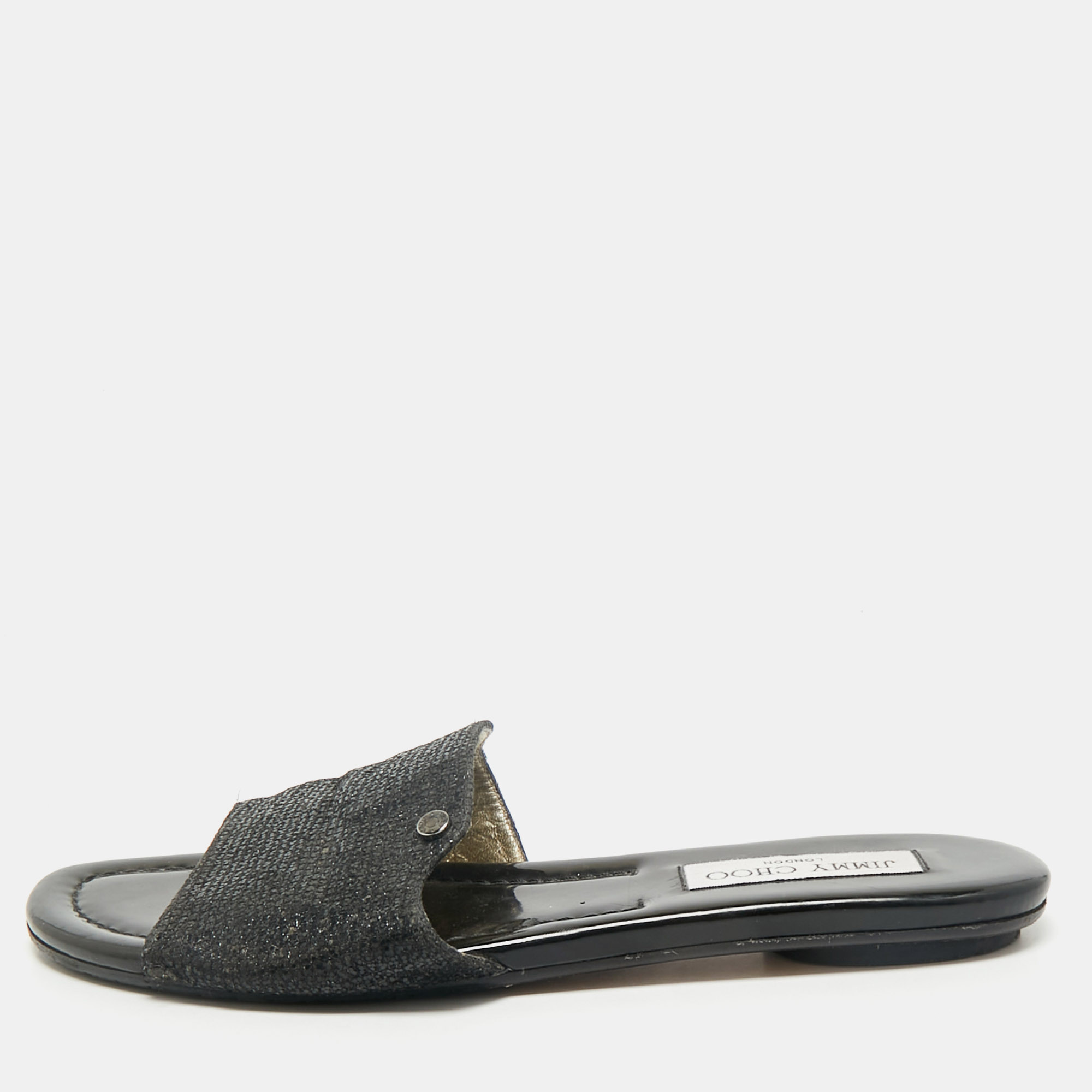 

Jimmy Choo Metallic Black Glitter Nanda Flat Slides Size
